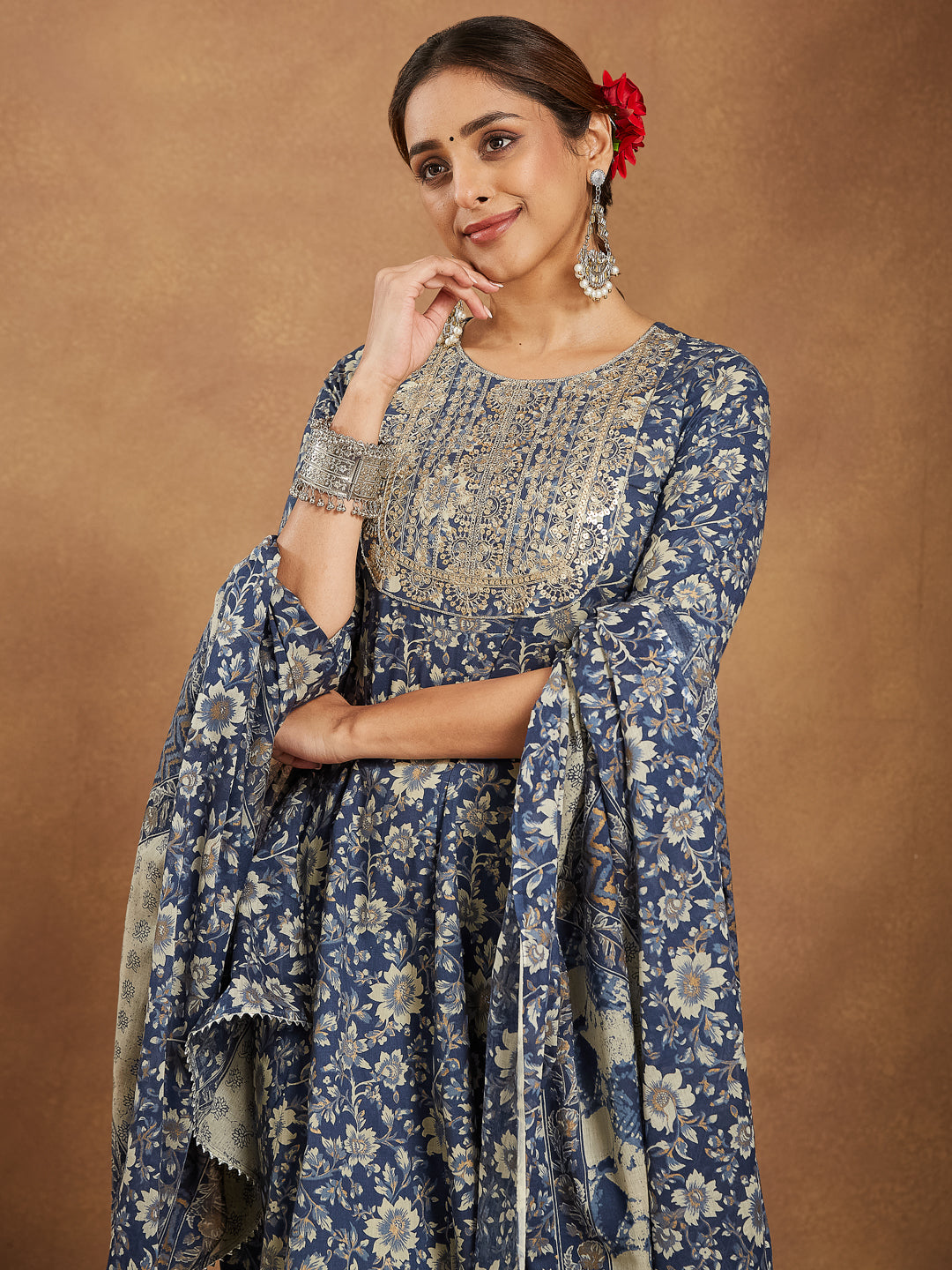 Ninnique Women's Blue Pure Cotton Floral Printed Anarkali Kurta Set