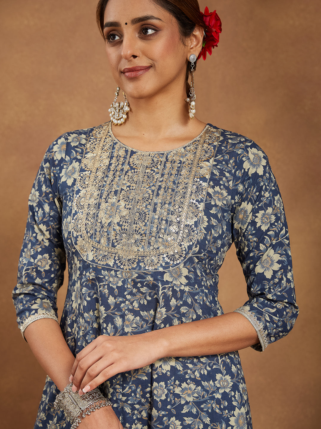 Ninnique Women's Blue Pure Cotton Floral Printed Anarkali Kurta Set