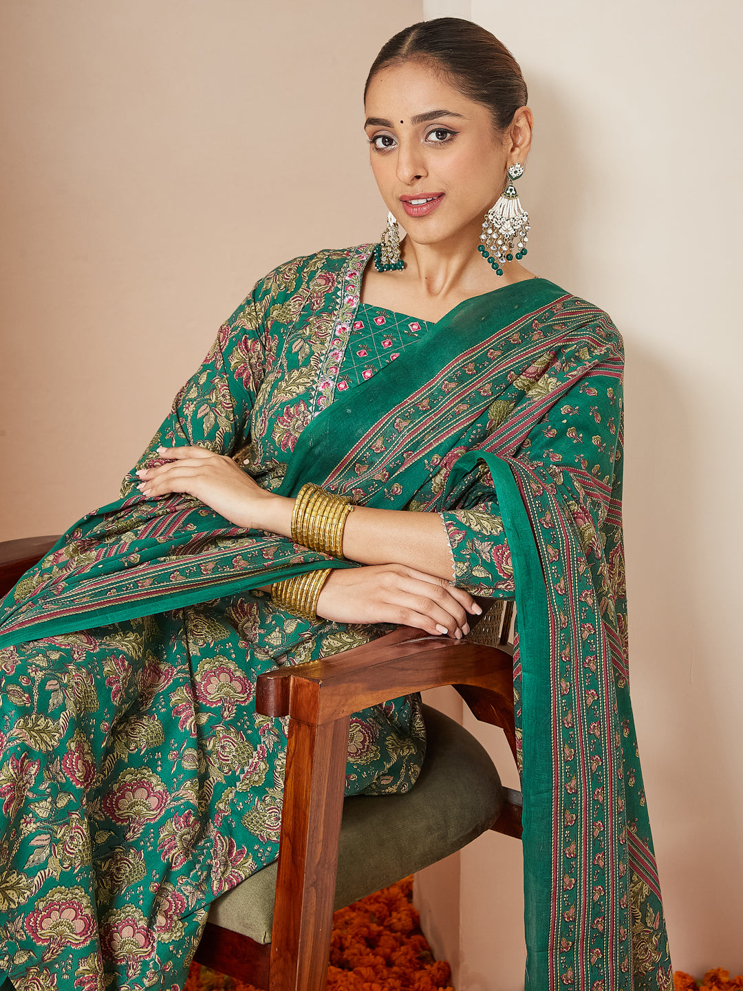 Ninnique Women's Dark Green Pure Cotton Floral Printed Yoke Embroidered A-line Kurta Set
