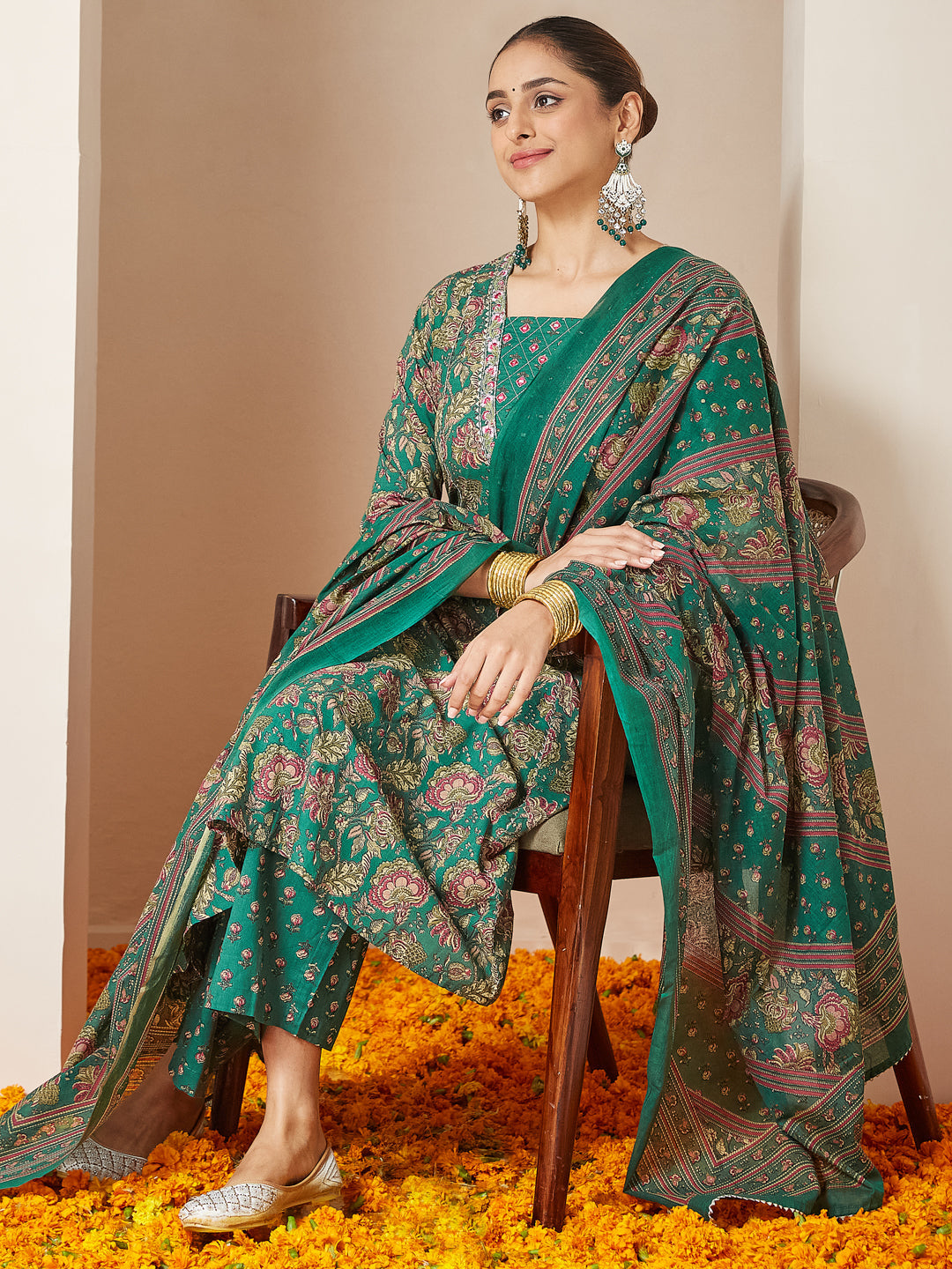Ninnique Women's Dark Green Pure Cotton Floral Printed Yoke Embroidered A-line Kurta Set