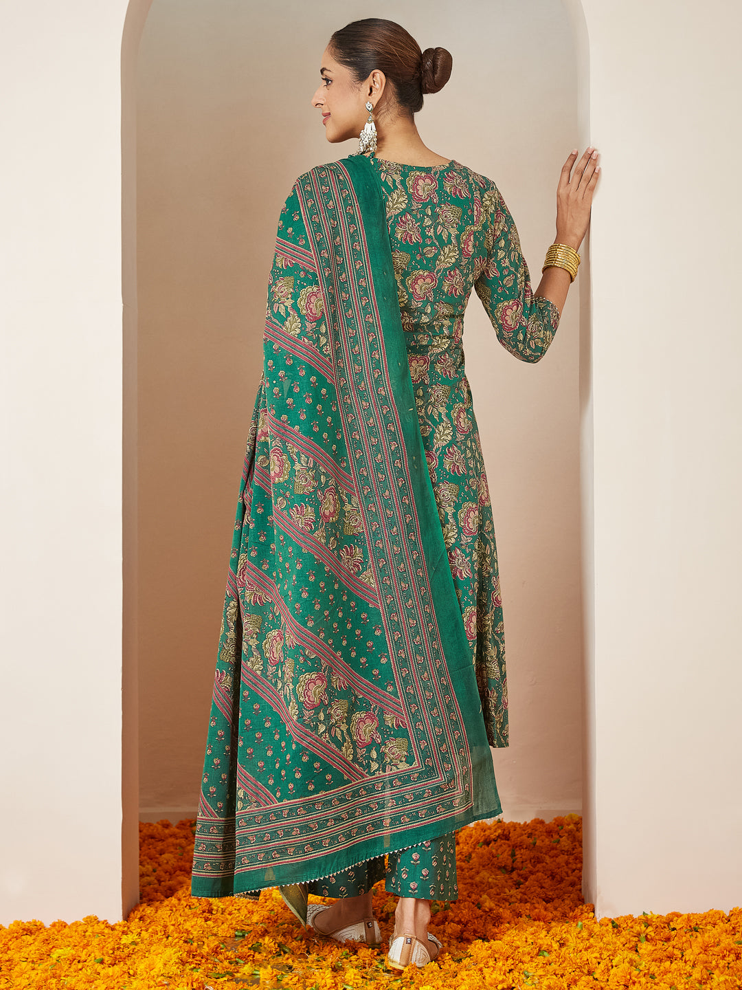 Ninnique Women's Dark Green Pure Cotton Floral Printed Yoke Embroidered A-line Kurta Set