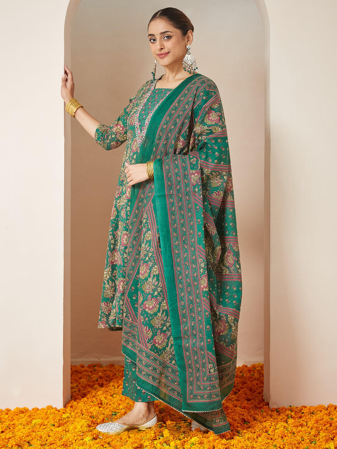 Ninnique Women's Dark Green Pure Cotton Floral Printed Yoke Embroidered A-line Kurta Set