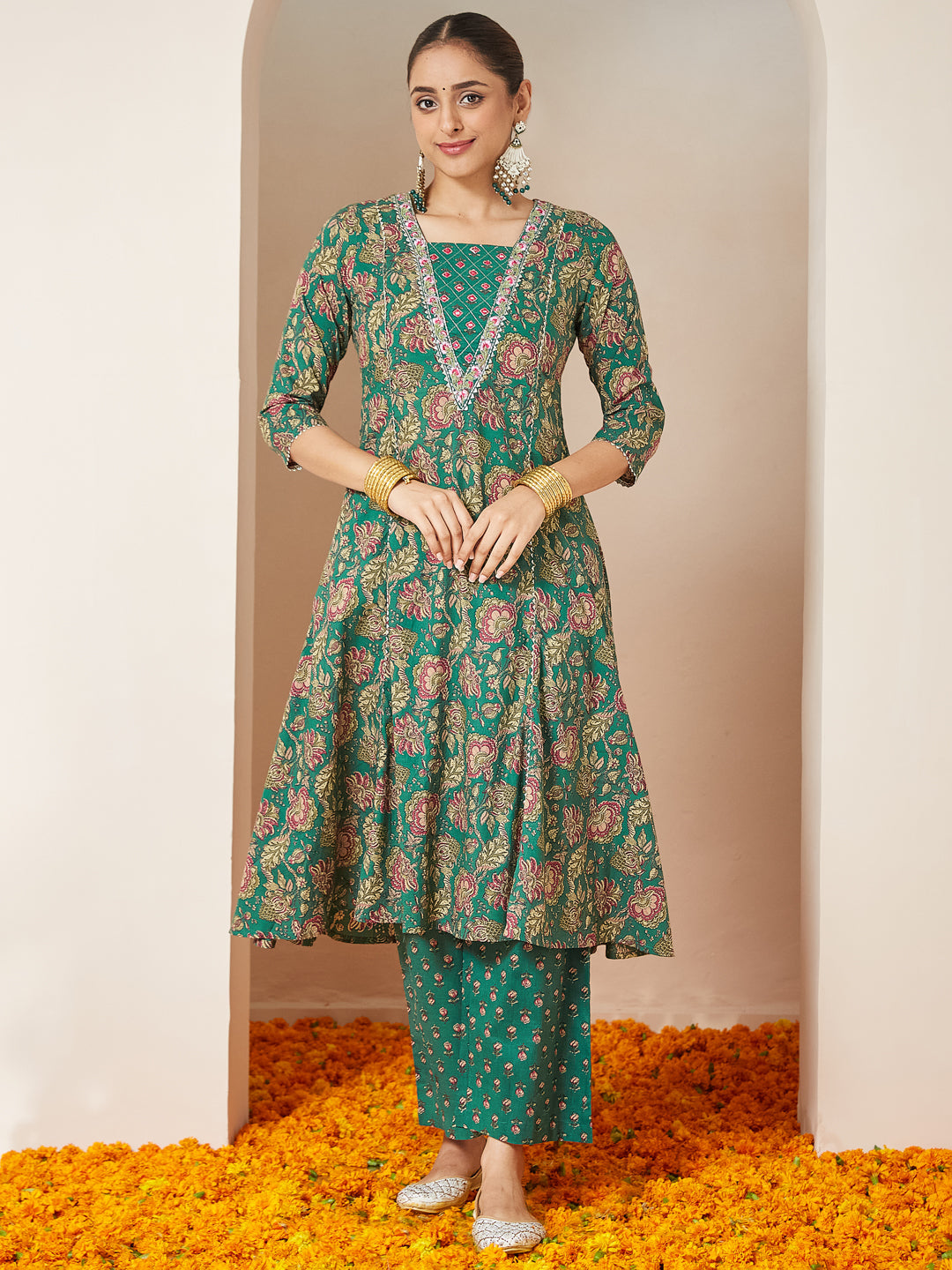 Ninnique Women's Dark Green Pure Cotton Floral Printed Yoke Embroidered A-line Kurta Set