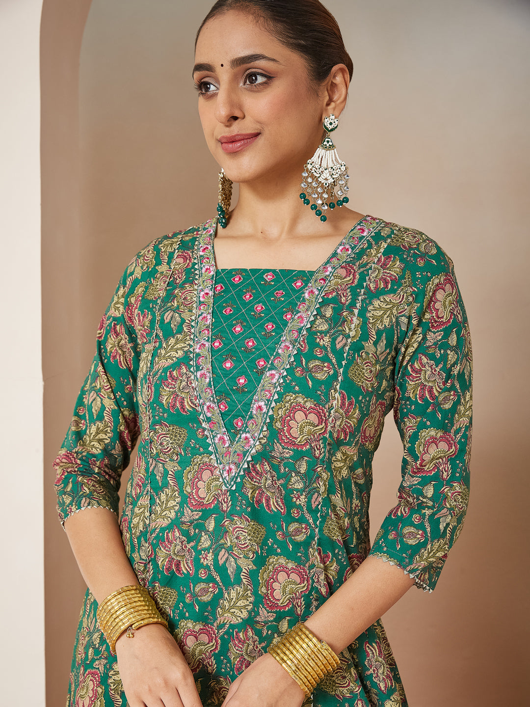 Ninnique Women's Dark Green Pure Cotton Floral Printed Yoke Embroidered A-line Kurta Set
