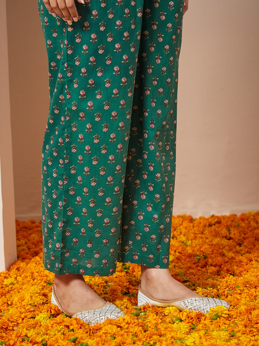 Ninnique Women's Dark Green Pure Cotton Floral Printed Yoke Embroidered A-line Kurta Set