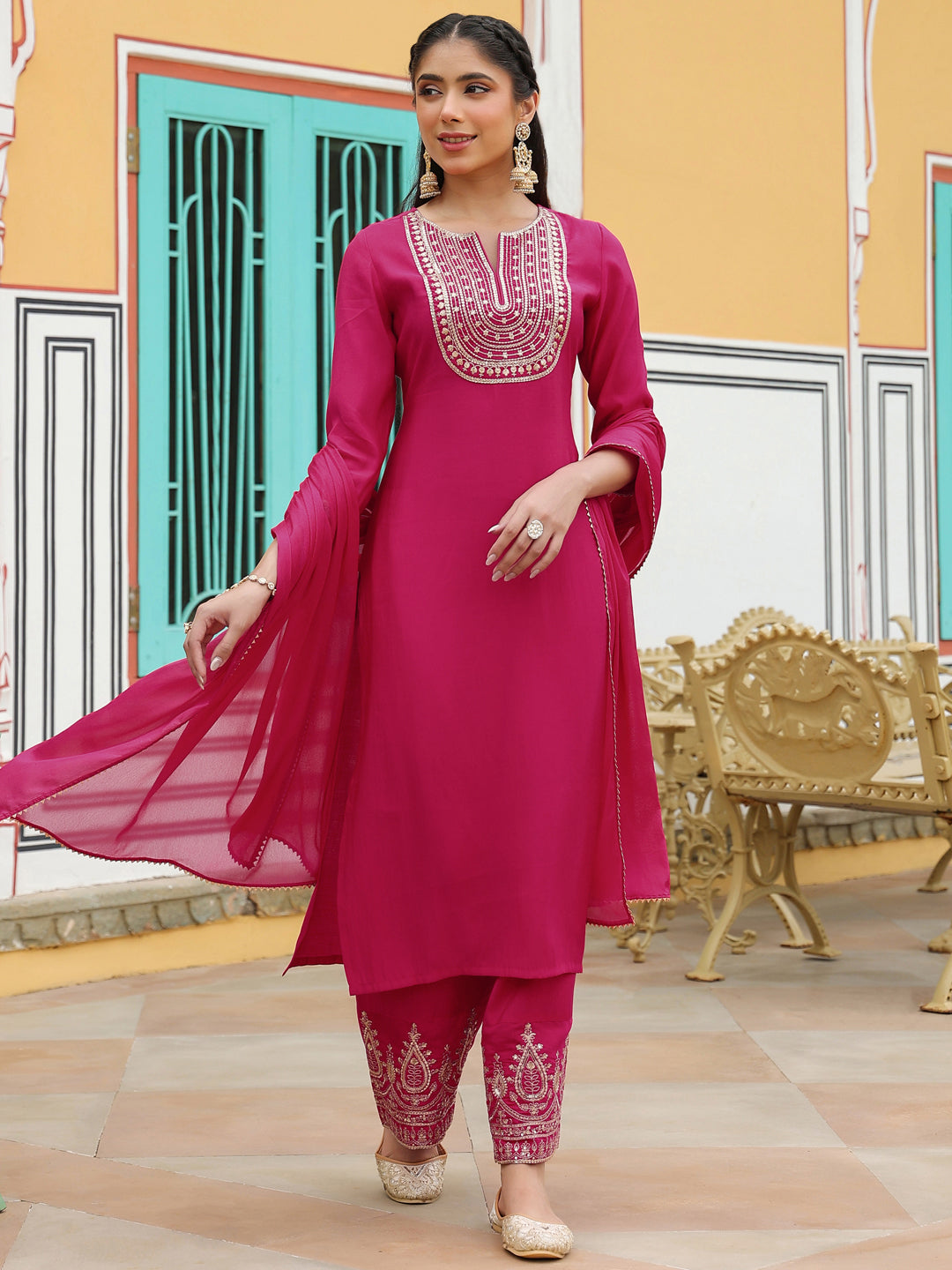 Ninnique Women's Pink Chanderi Silk Zari Embroidered Straight Kurta Set