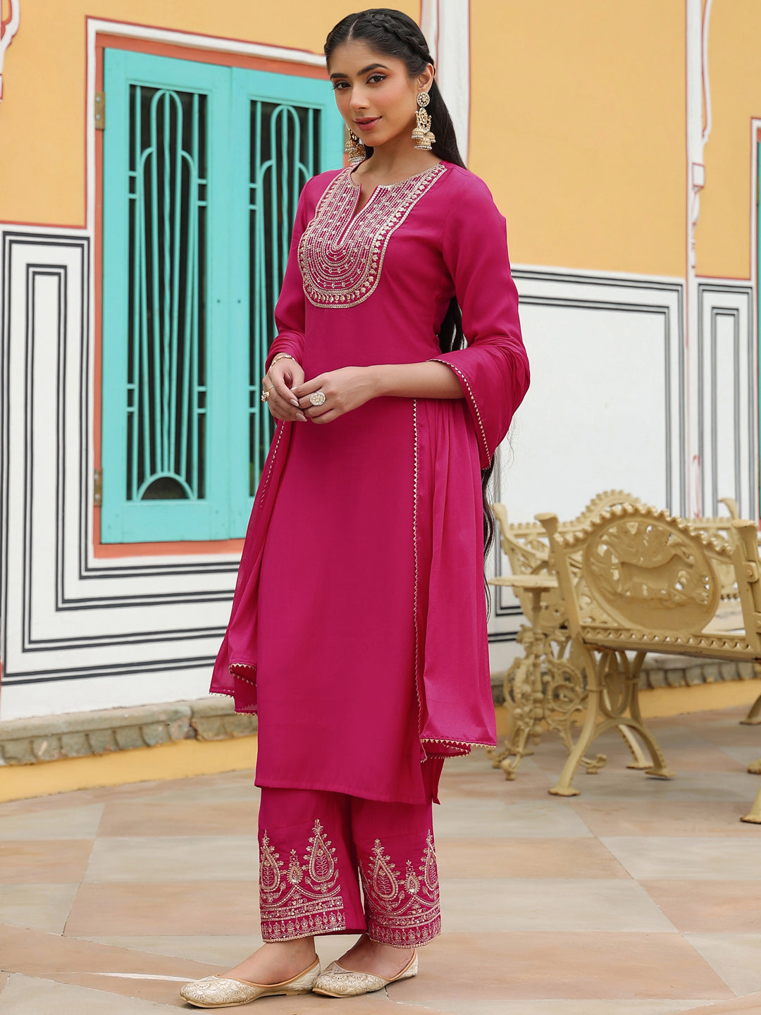 Ninnique Women's Pink Chanderi Silk Zari Embroidered Straight Kurta Set