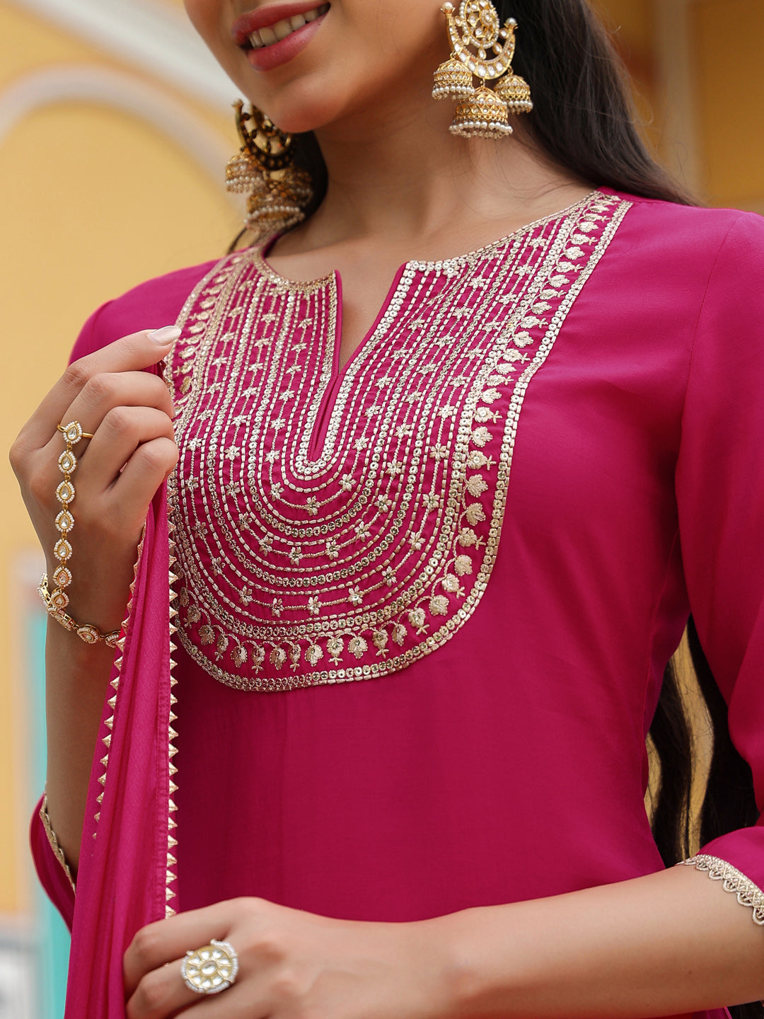 Ninnique Women's Pink Chanderi Silk Zari Embroidered Straight Kurta Set