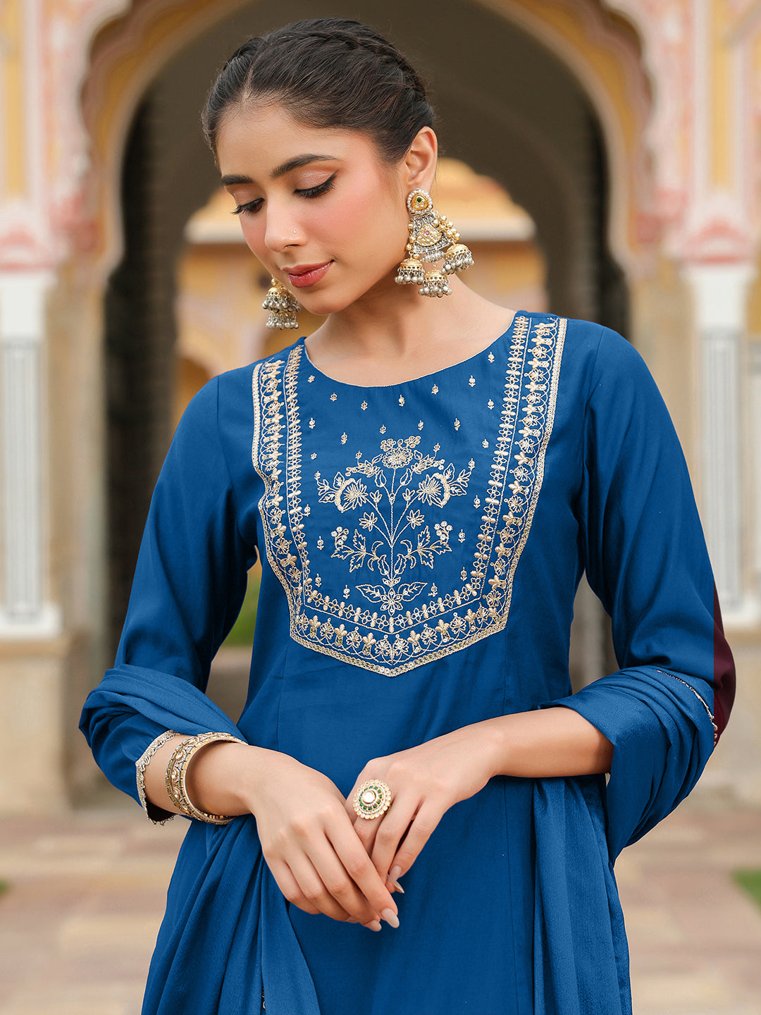 Ninnique Women's Teal Blue Chanderi Silk Zari Embroidered A-line Kurta Set