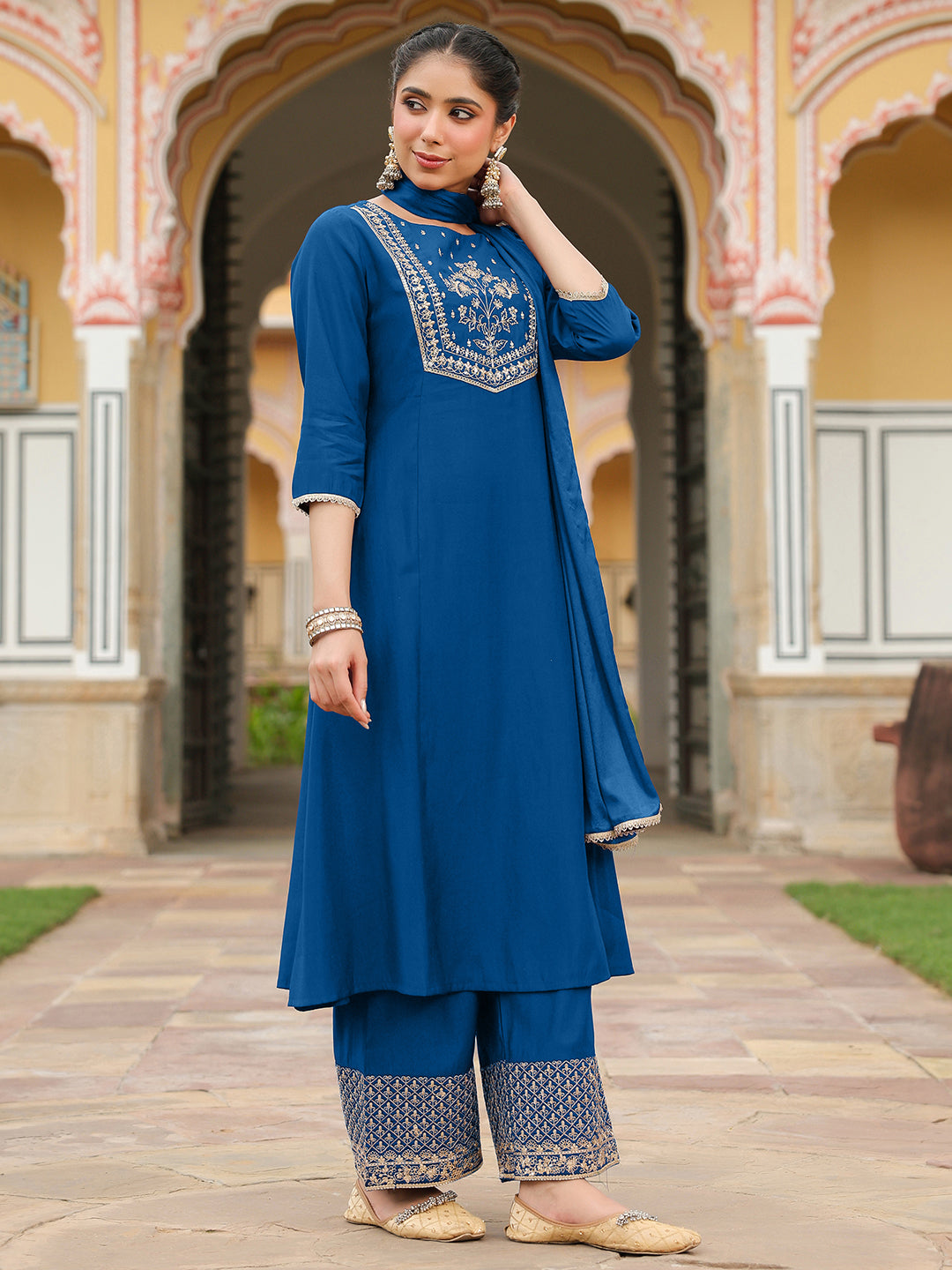 Ninnique Women's Teal Blue Chanderi Silk Zari Embroidered A-line Kurta Set