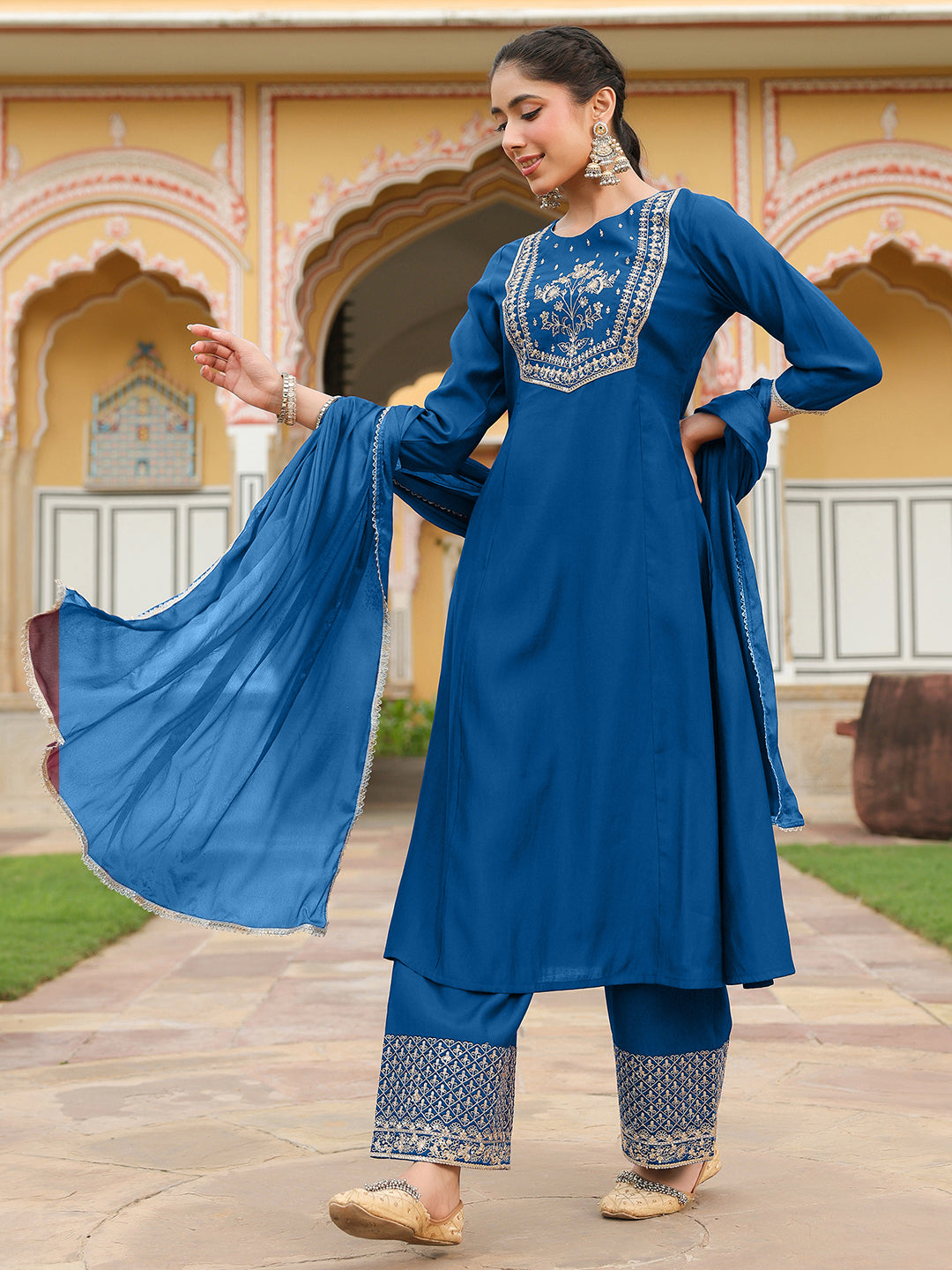 Ninnique Women's Teal Blue Chanderi Silk Zari Embroidered A-line Kurta Set