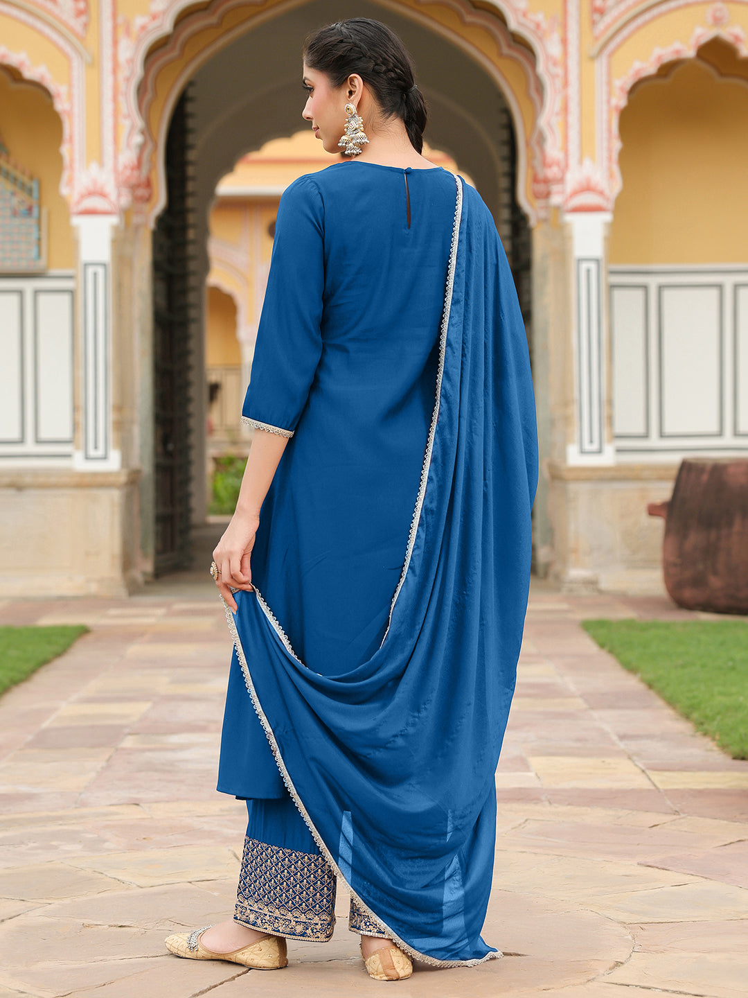 Ninnique Women's Teal Blue Chanderi Silk Zari Embroidered A-line Kurta Set