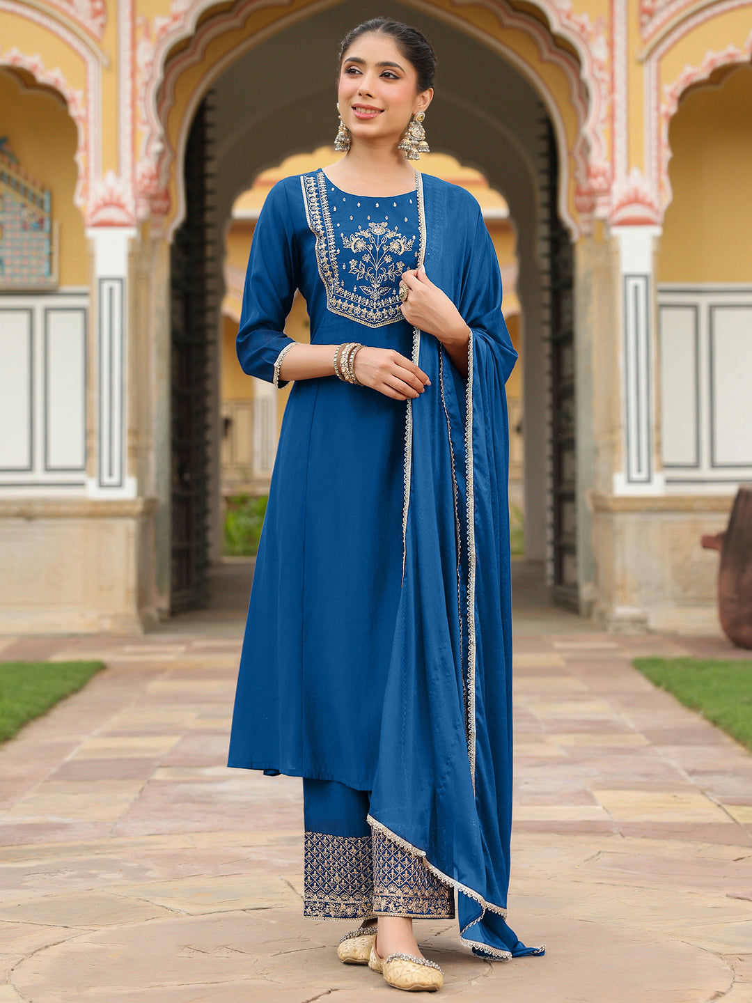 Ninnique Women's Teal Blue Chanderi Silk Zari Embroidered A-line Kurta Set