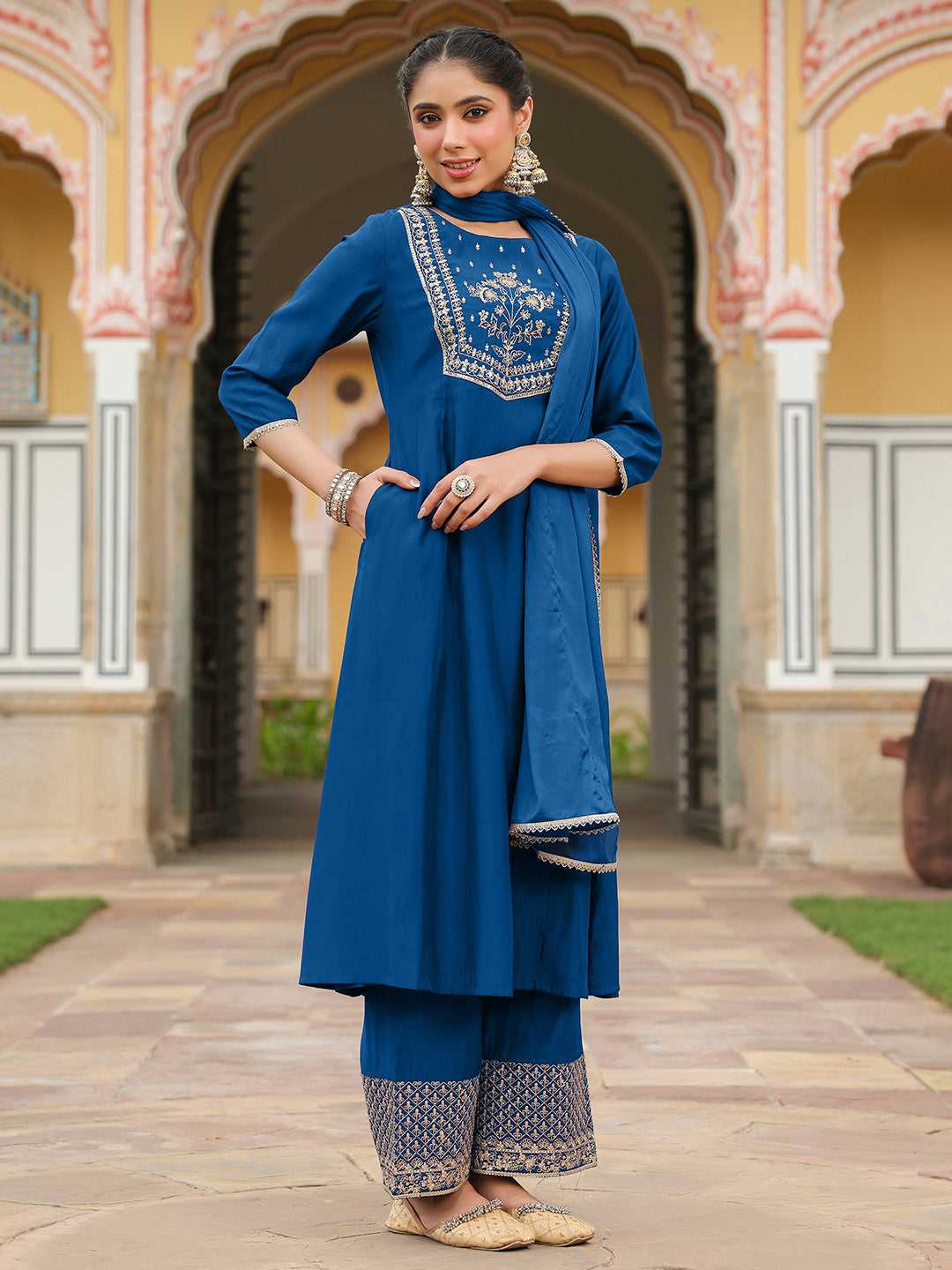 Ninnique Women's Teal Blue Chanderi Silk Zari Embroidered A-line Kurta Set