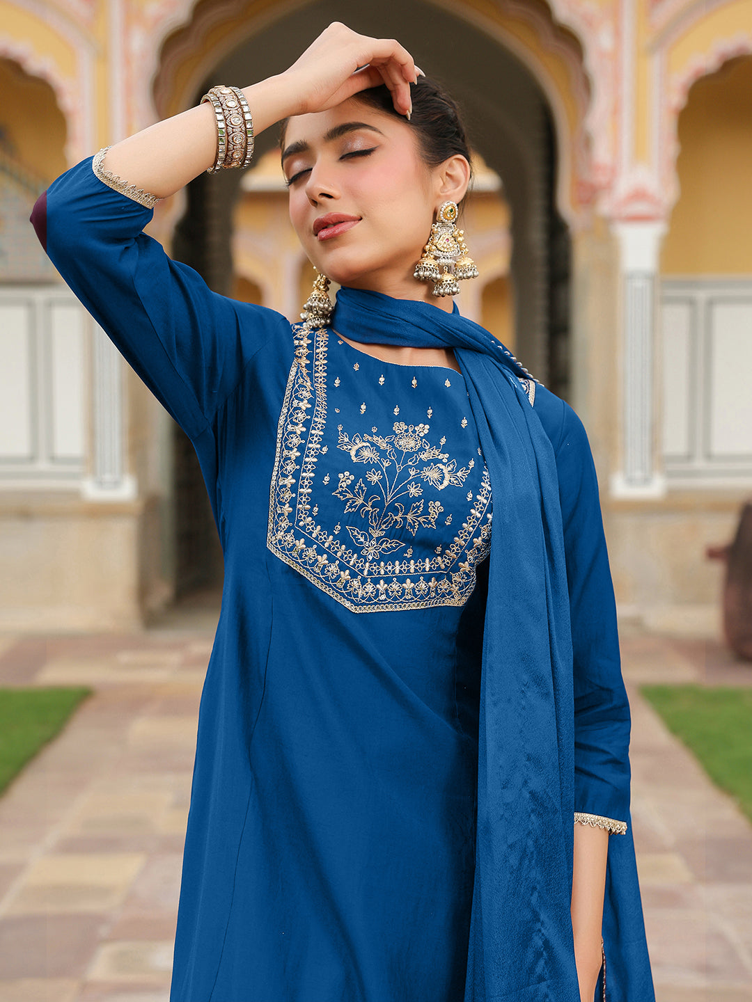 Ninnique Women's Teal Blue Chanderi Silk Zari Embroidered A-line Kurta Set