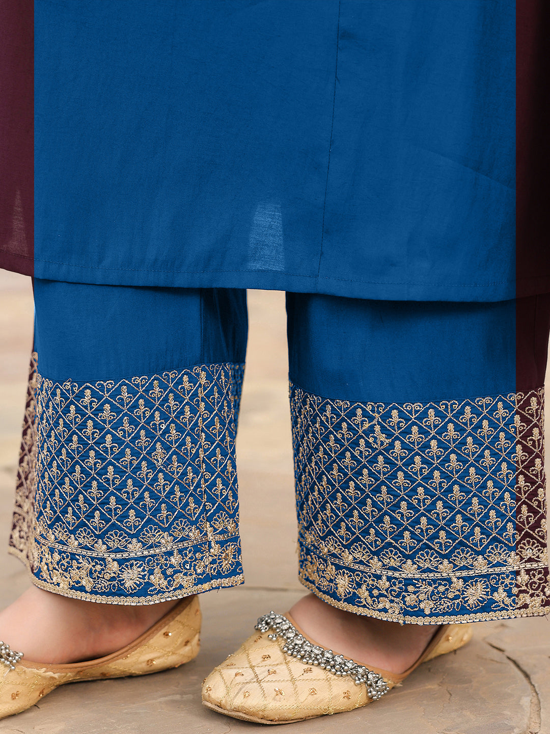Ninnique Women's Teal Blue Chanderi Silk Zari Embroidered A-line Kurta Set