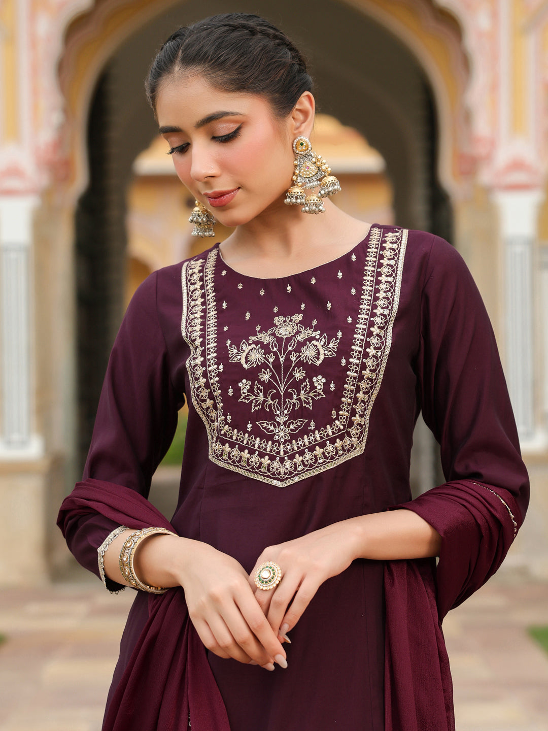Ninnique Women's Wine Chanderi Silk Zari Embroidered A-line Kurta With Palazzo & Dupatta Set