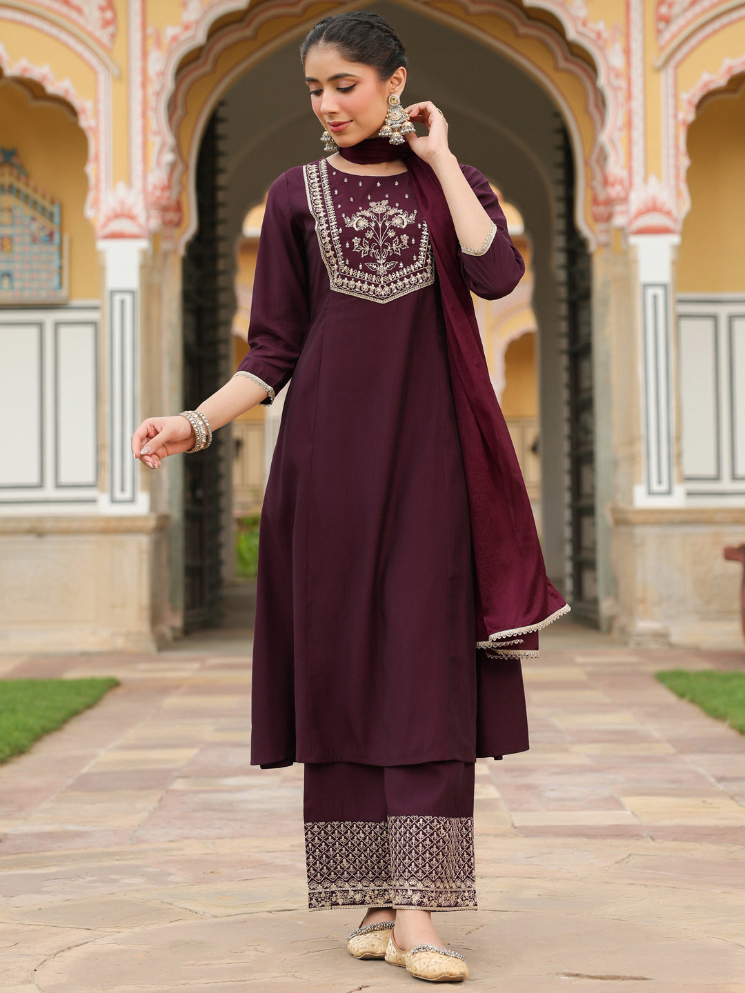 Ninnique Women's Wine Chanderi Silk Zari Embroidered A-line Kurta With Palazzo & Dupatta Set