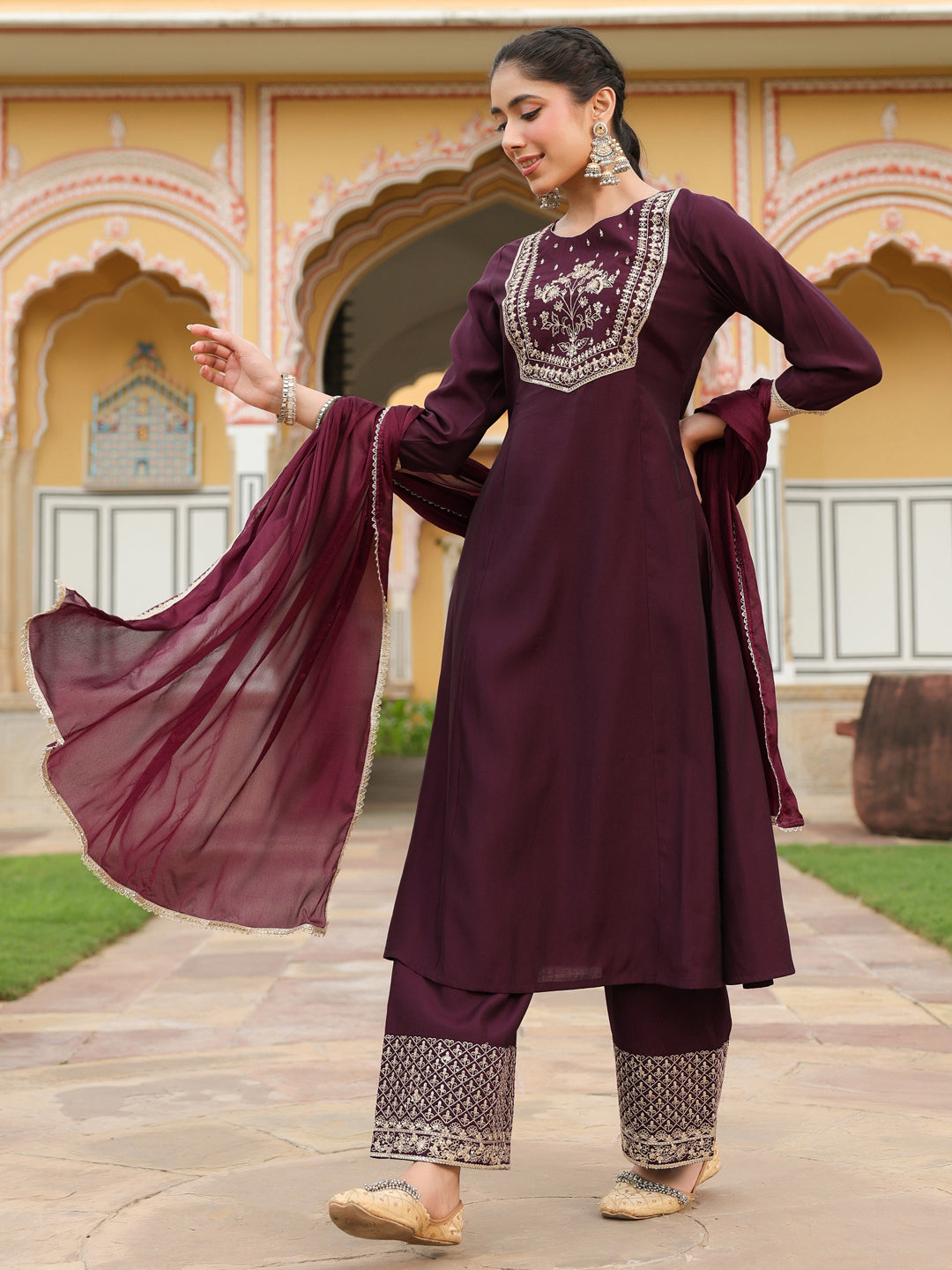 Ninnique Women's Wine Chanderi Silk Zari Embroidered A-line Kurta With Palazzo & Dupatta Set