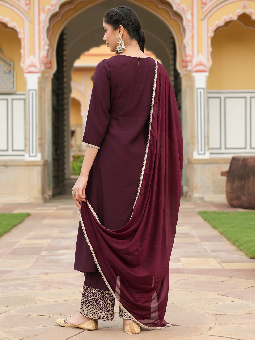 Ninnique Women's Wine Chanderi Silk Zari Embroidered A-line Kurta With Palazzo & Dupatta Set