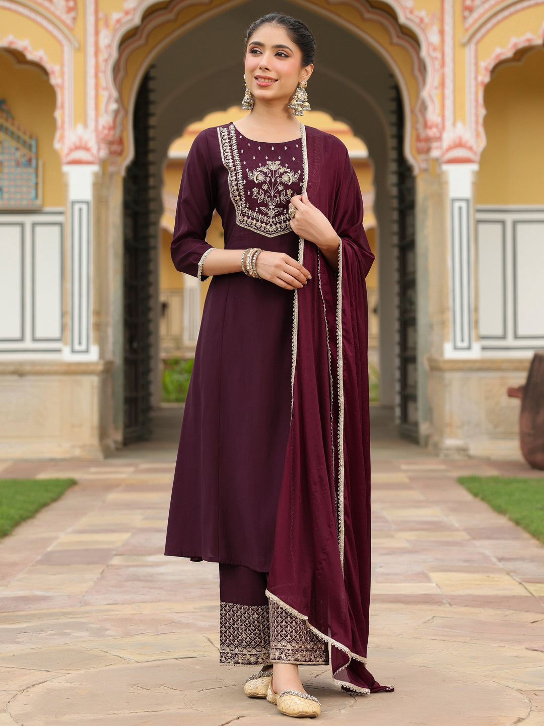 Ninnique Women's Wine Chanderi Silk Zari Embroidered A-line Kurta With Palazzo & Dupatta Set
