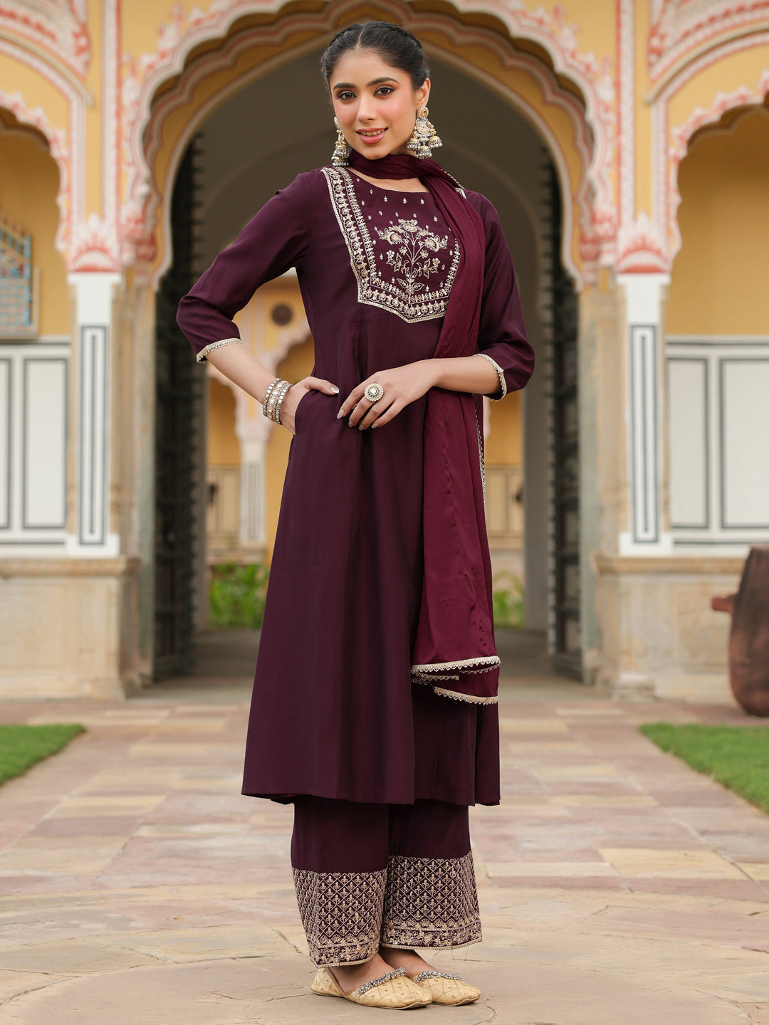 Ninnique Women's Wine Chanderi Silk Zari Embroidered A-line Kurta With Palazzo & Dupatta Set