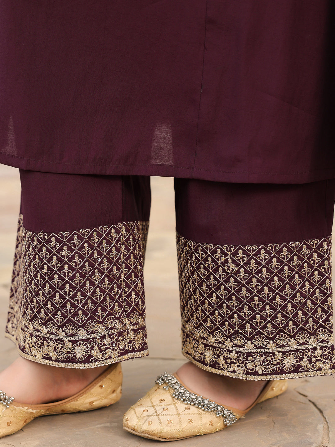 Ninnique Women's Wine Chanderi Silk Zari Embroidered A-line Kurta With Palazzo & Dupatta Set