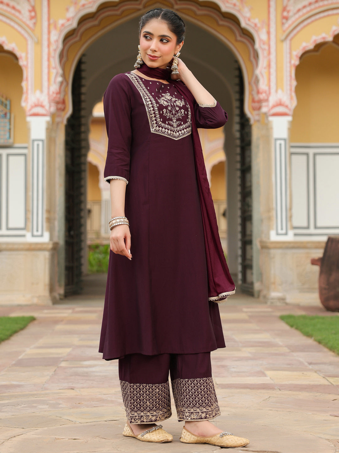 Ninnique Women's Wine Chanderi Silk Zari Embroidered A-line Kurta With Palazzo & Dupatta Set