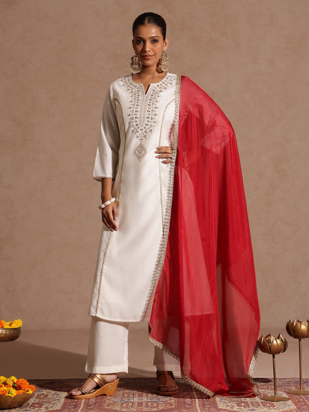 Ninnique Women's Off White Chanderi Silk Zari Embroidered Gold Printed A-line Kurta Set