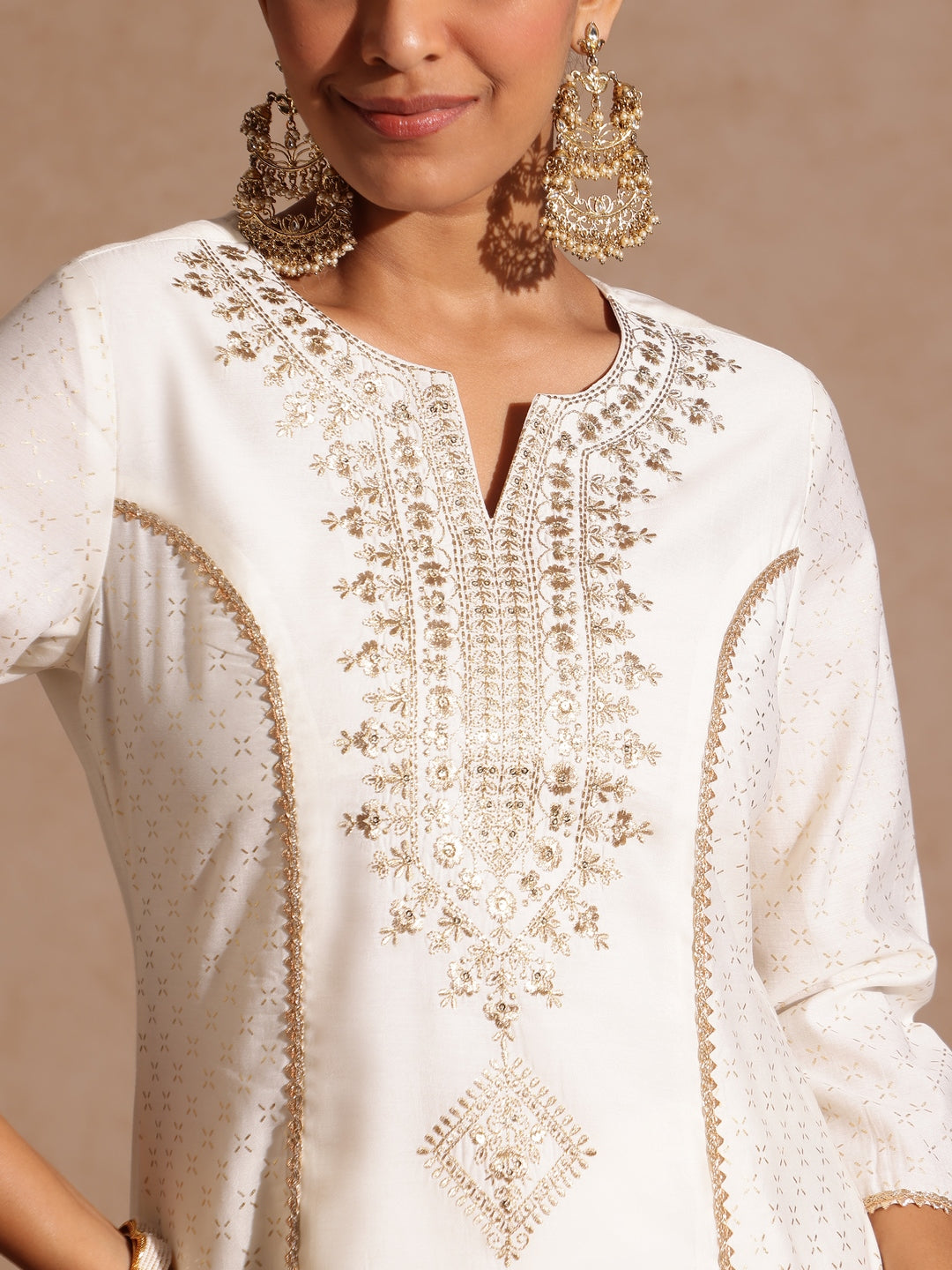 Ninnique Women's Off White Chanderi Silk Zari Embroidered Gold Printed A-line Kurta Set