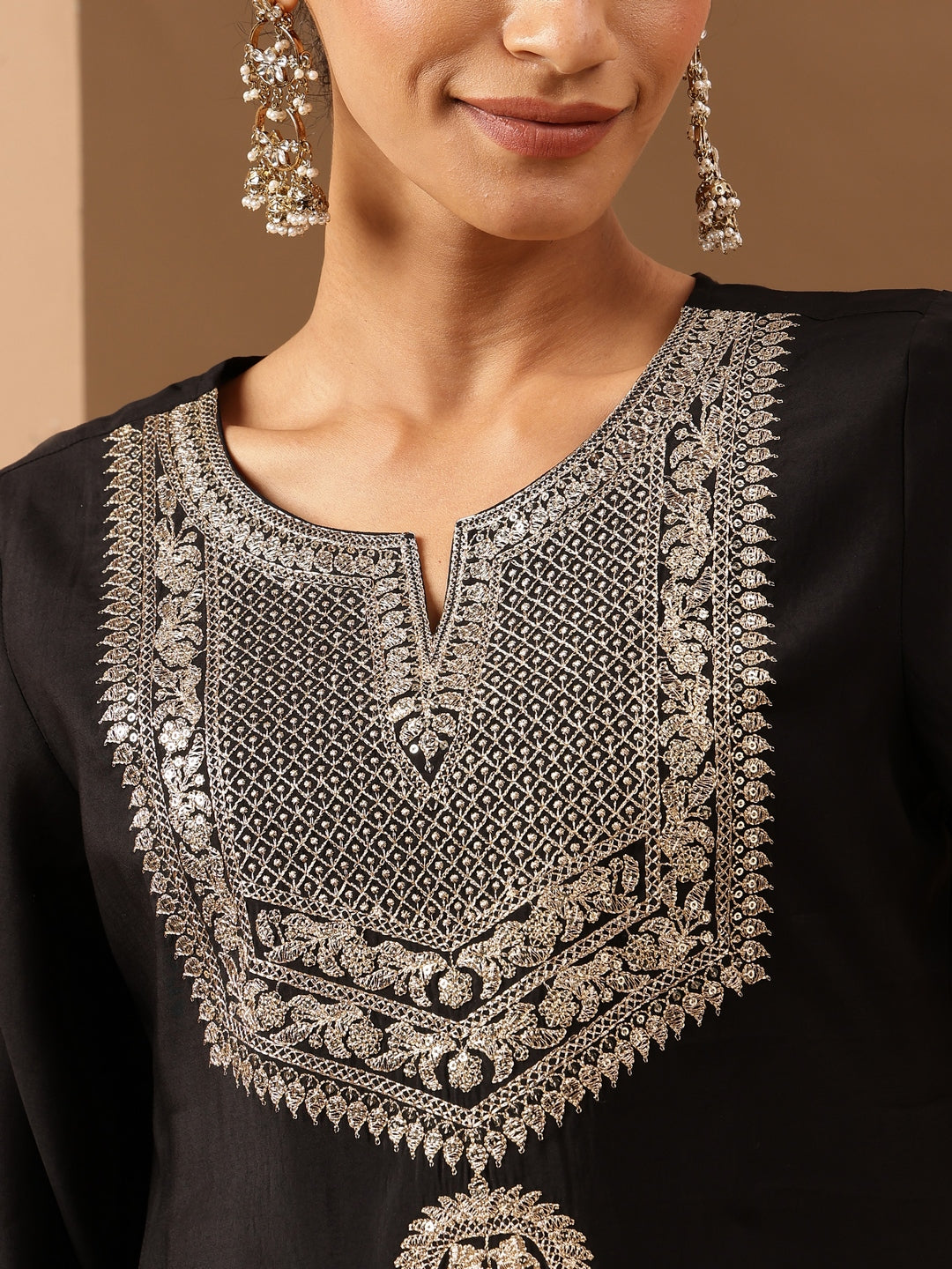 Ninnique Women's Black Chanderi Silk Zari Embroidered Straight Kurta Set