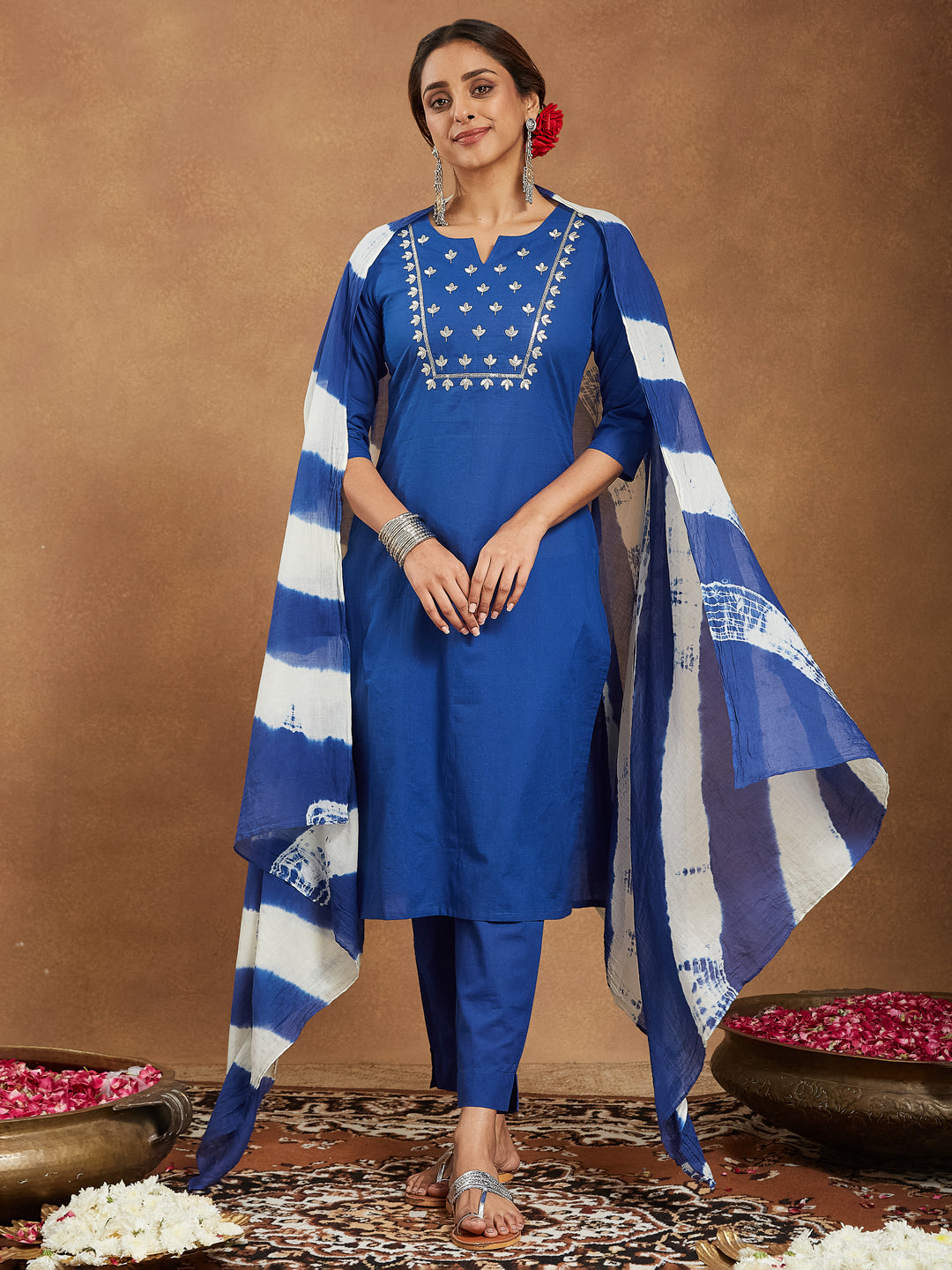 Ninnique Women's Blue Pure Cotton Yoke Embroidered Straight Kurta Set