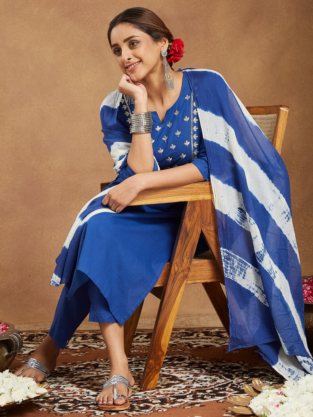 Ninnique Women's Blue Pure Cotton Yoke Embroidered Straight Kurta Set
