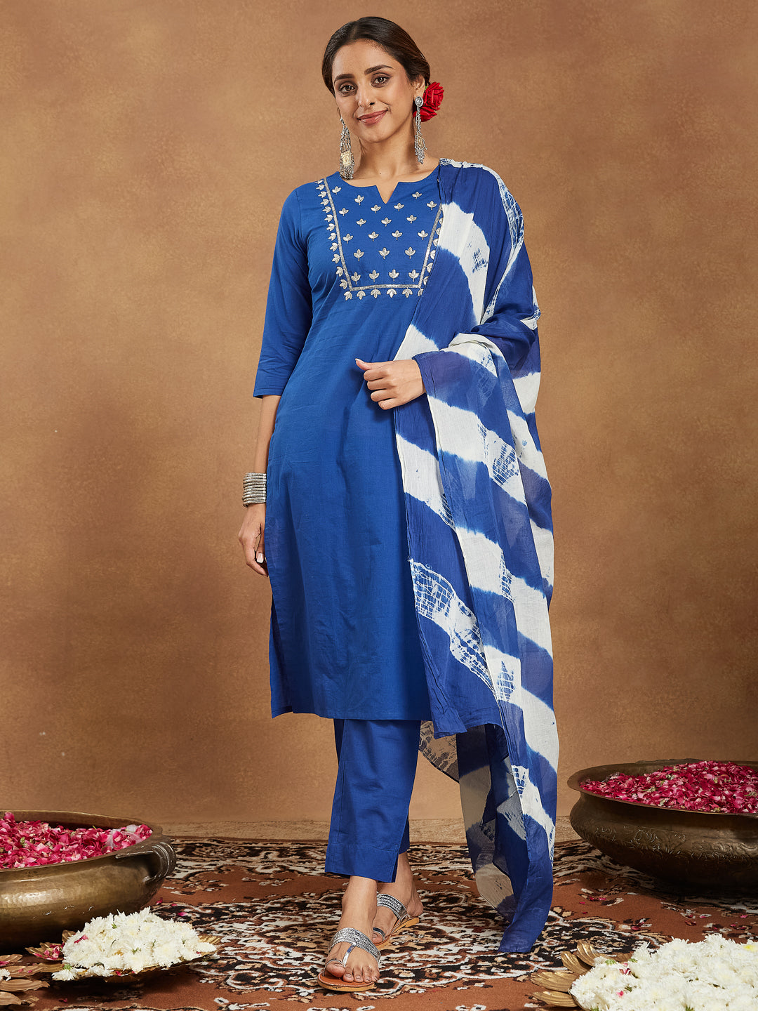 Ninnique Women's Blue Pure Cotton Yoke Embroidered Straight Kurta Set