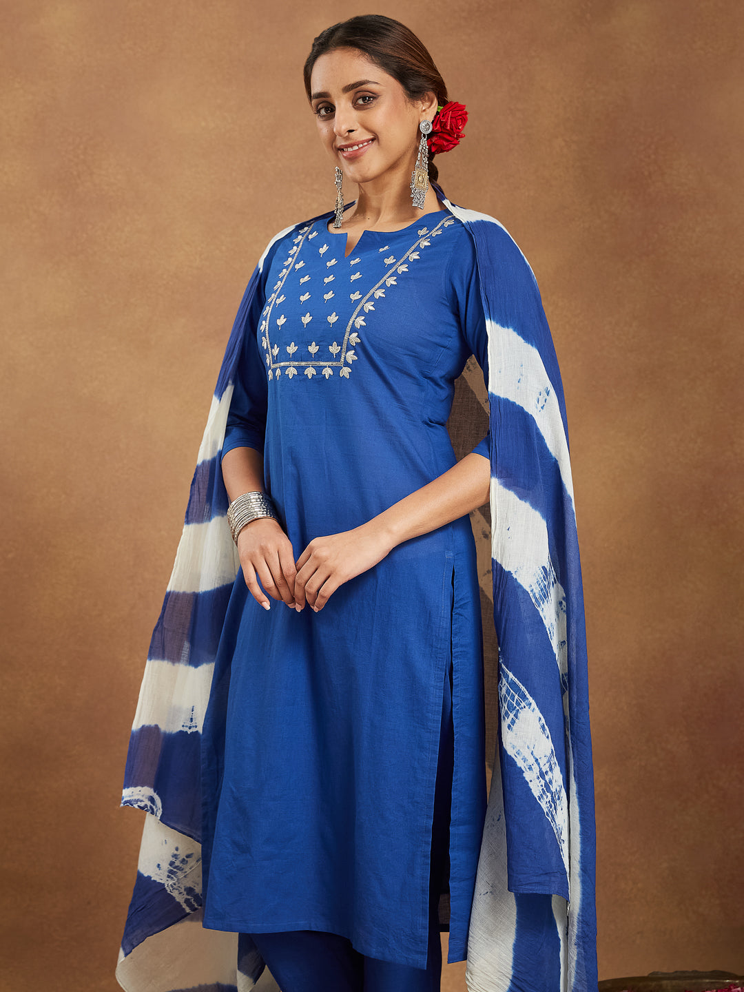 Ninnique Women's Blue Pure Cotton Yoke Embroidered Straight Kurta Set
