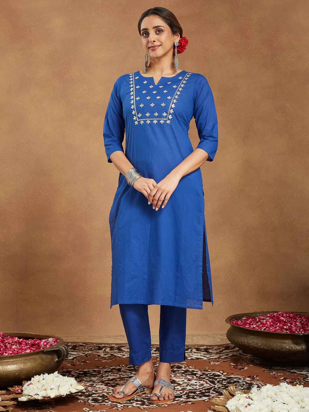 Ninnique Women's Blue Pure Cotton Yoke Embroidered Straight Kurta Set