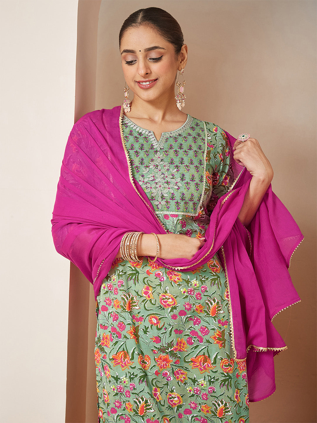 Ninnique Women's Mint Green Pure Cotton Yoke Embroidered Floral Printed Straight Kurta Set