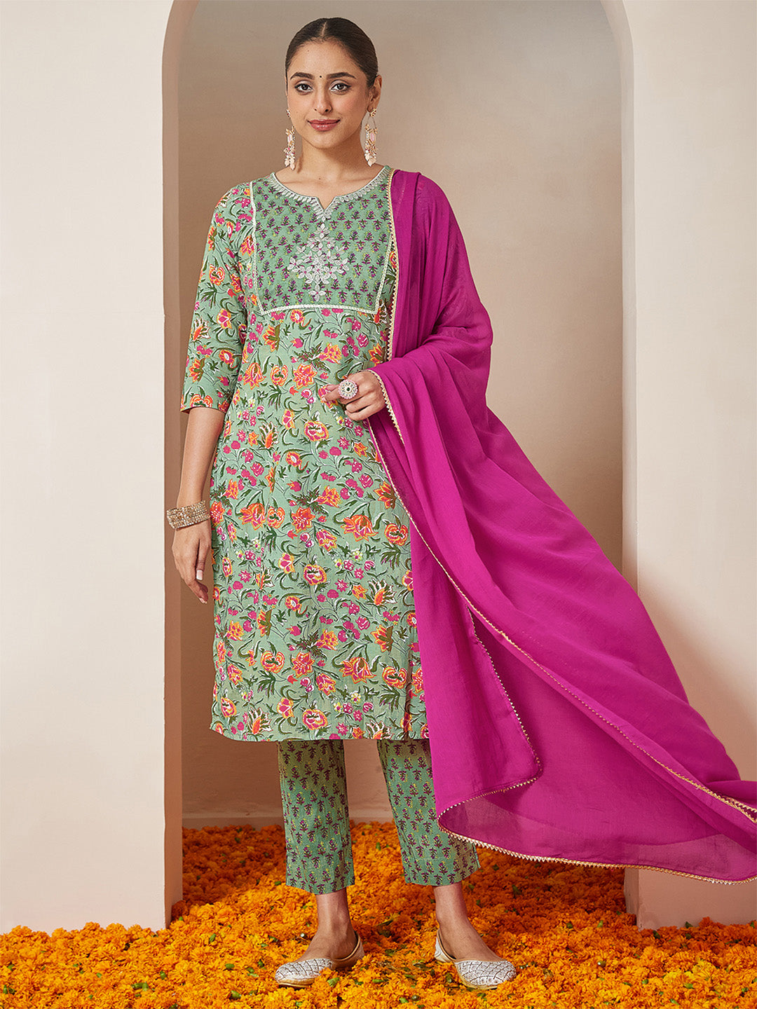 Ninnique Women's Mint Green Pure Cotton Yoke Embroidered Floral Printed Straight Kurta Set