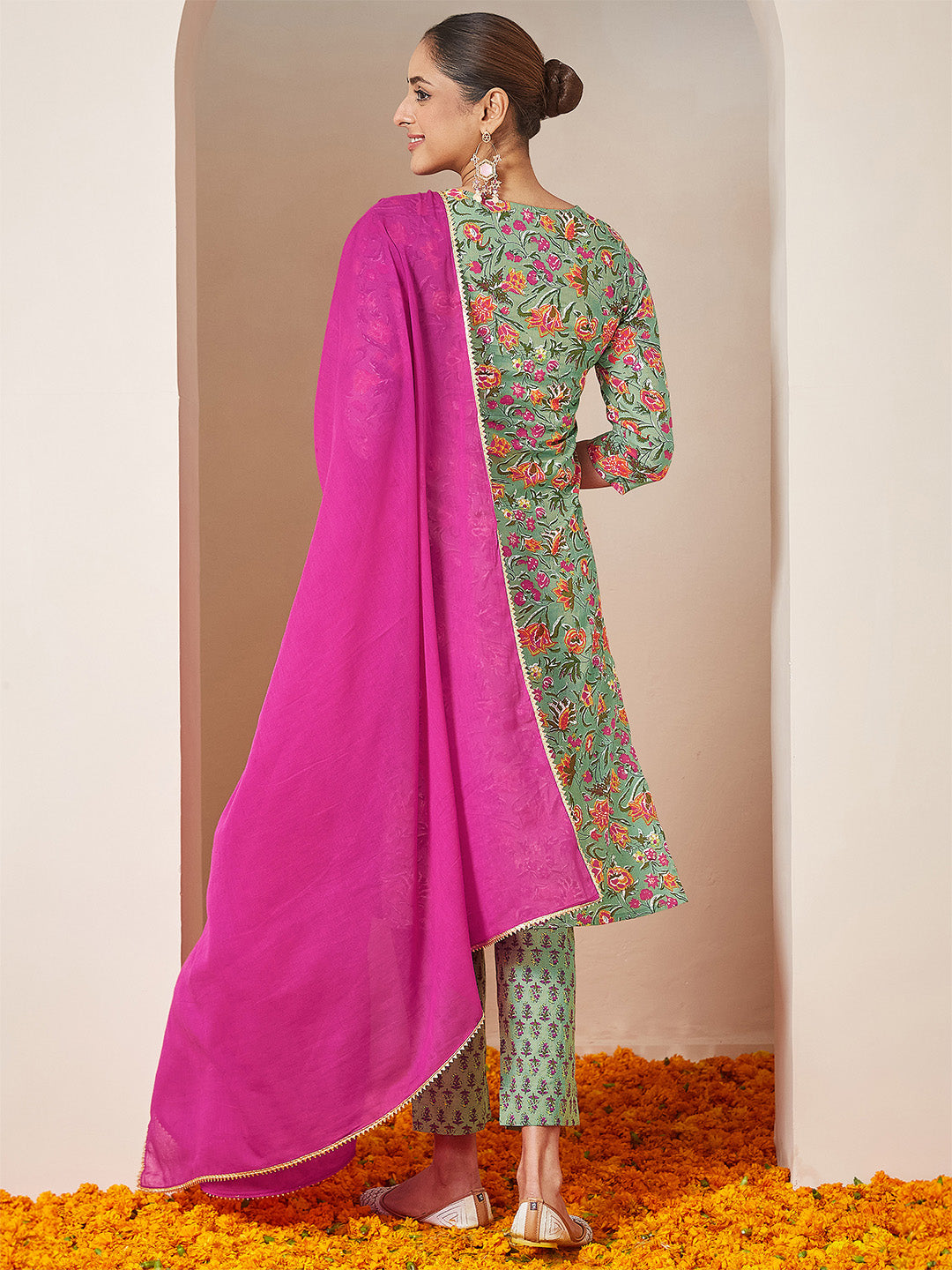 Ninnique Women's Mint Green Pure Cotton Yoke Embroidered Floral Printed Straight Kurta Set