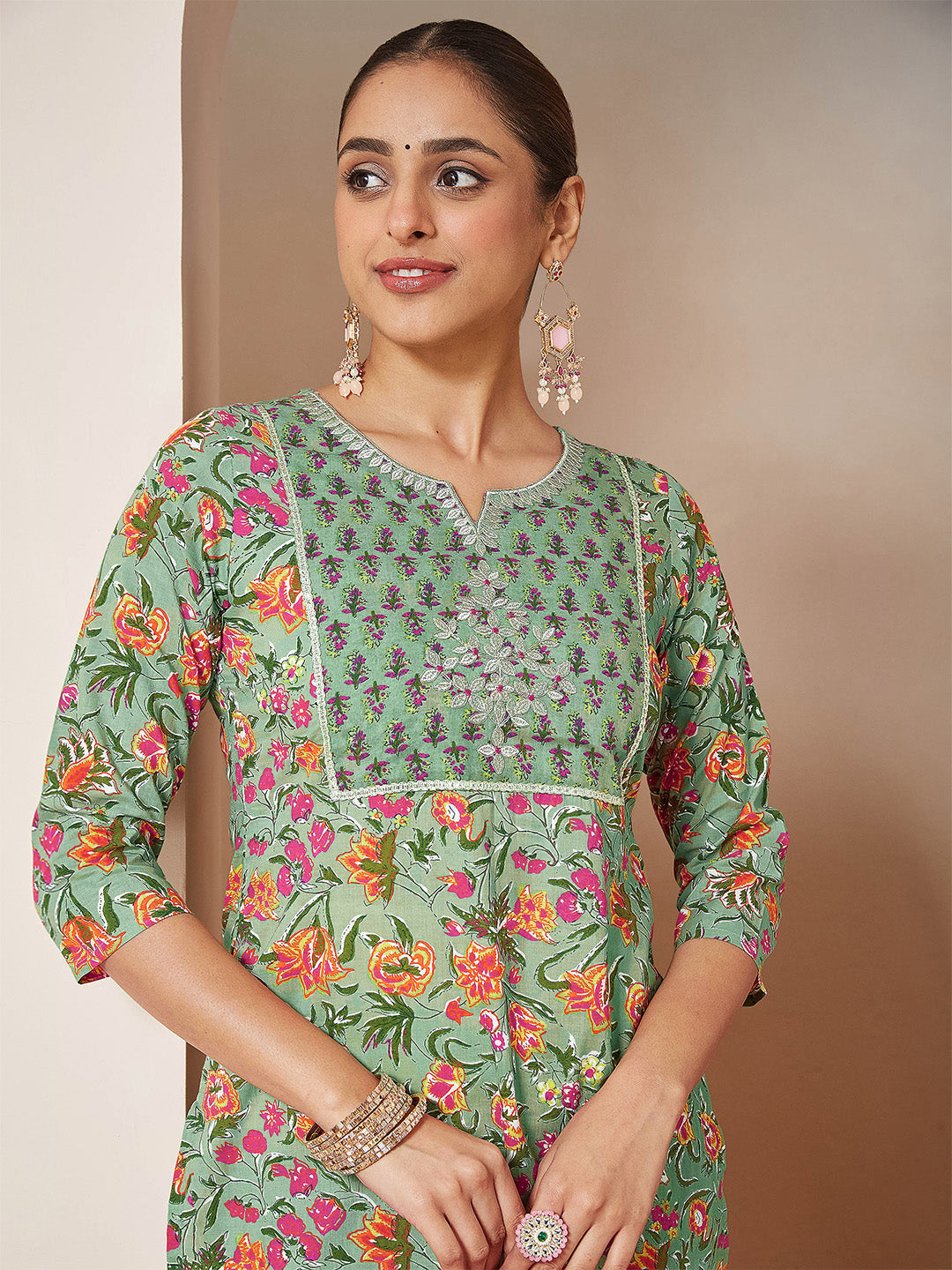 Ninnique Women's Mint Green Pure Cotton Yoke Embroidered Floral Printed Straight Kurta Set