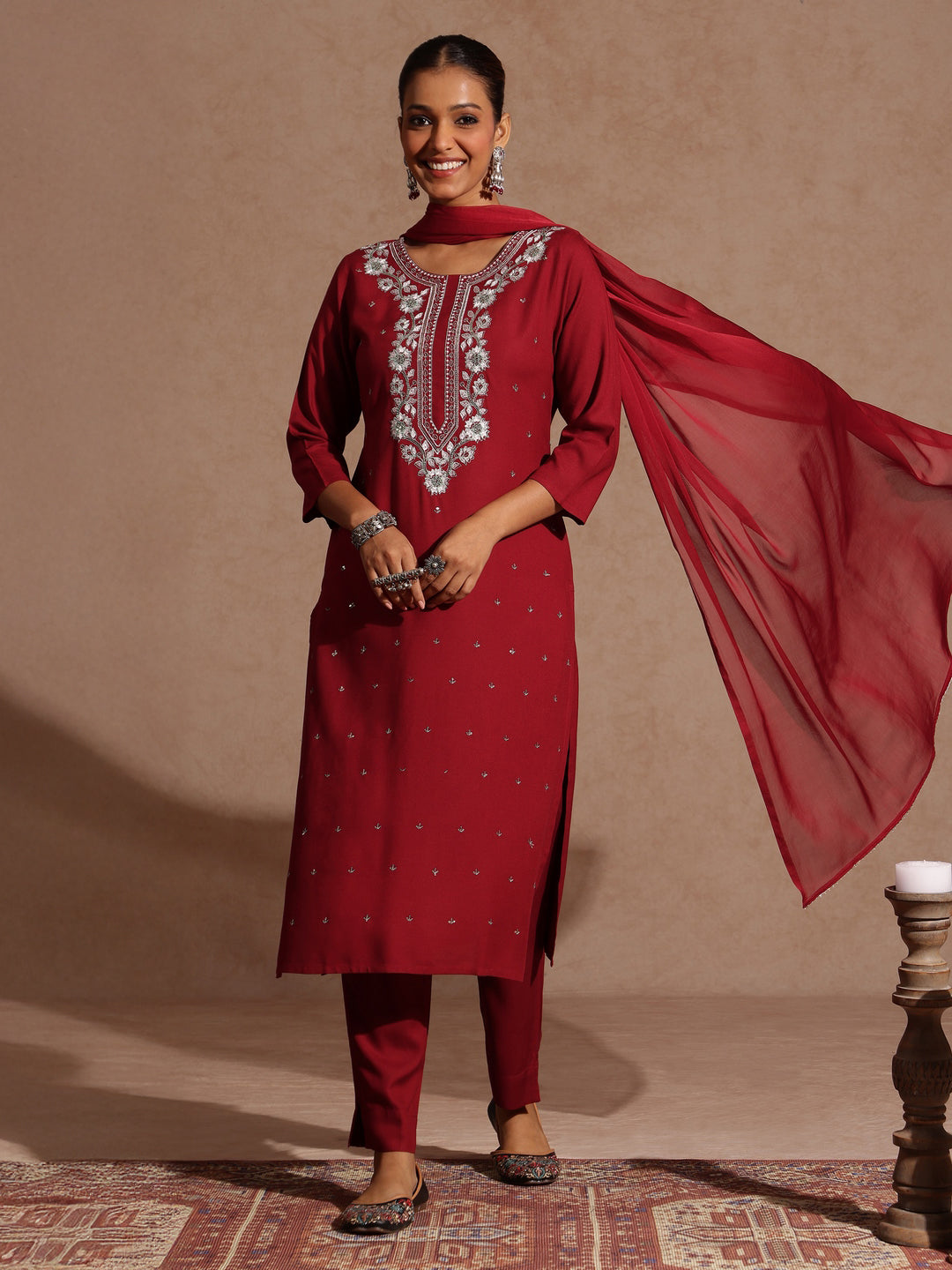 Ninnique Women's Maroon Rayon Yoke Embroidered Sequinned Straight Kurta Set With Dupatta