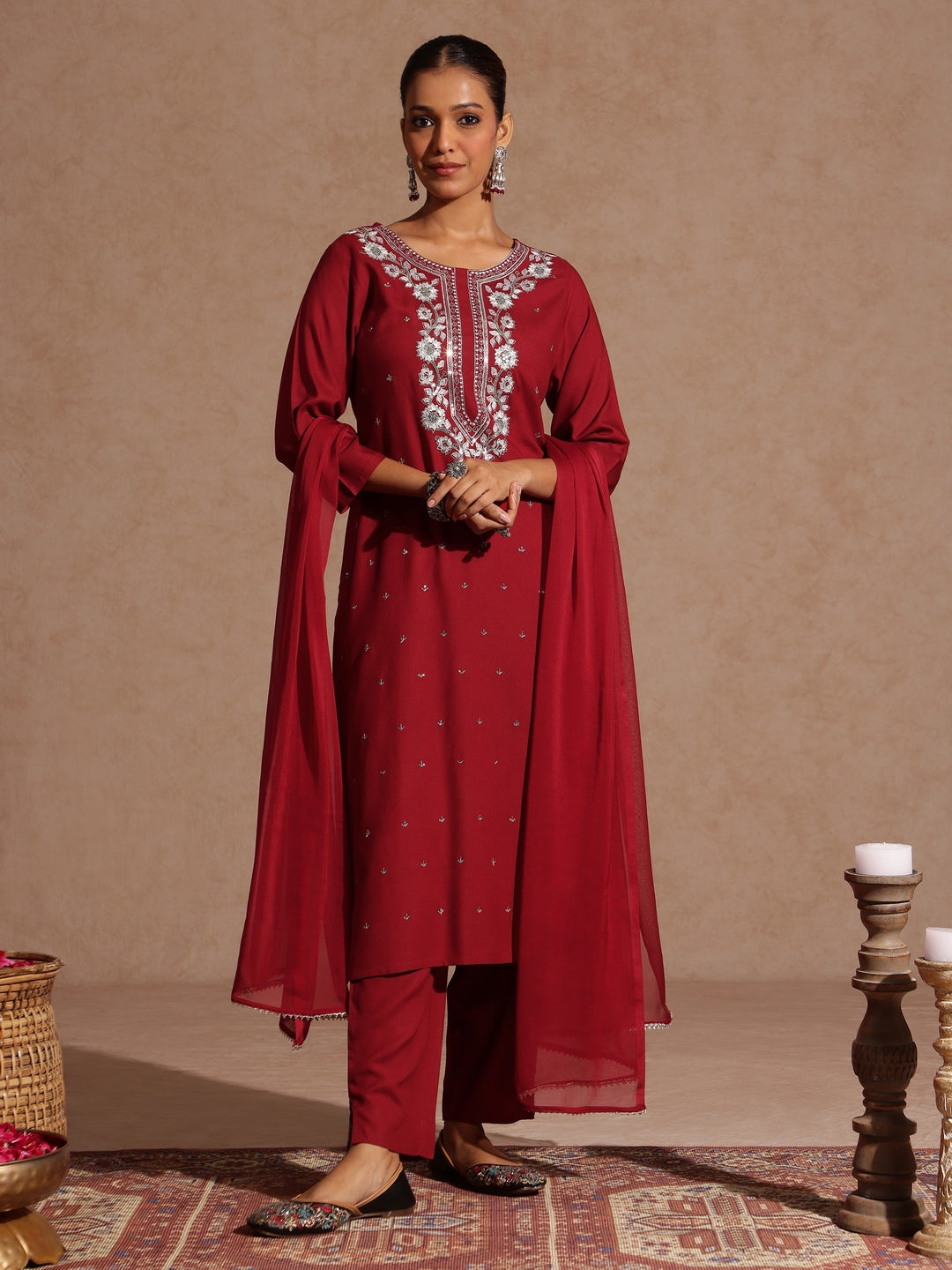 Ninnique Women's Maroon Rayon Yoke Embroidered Sequinned Straight Kurta Set With Dupatta