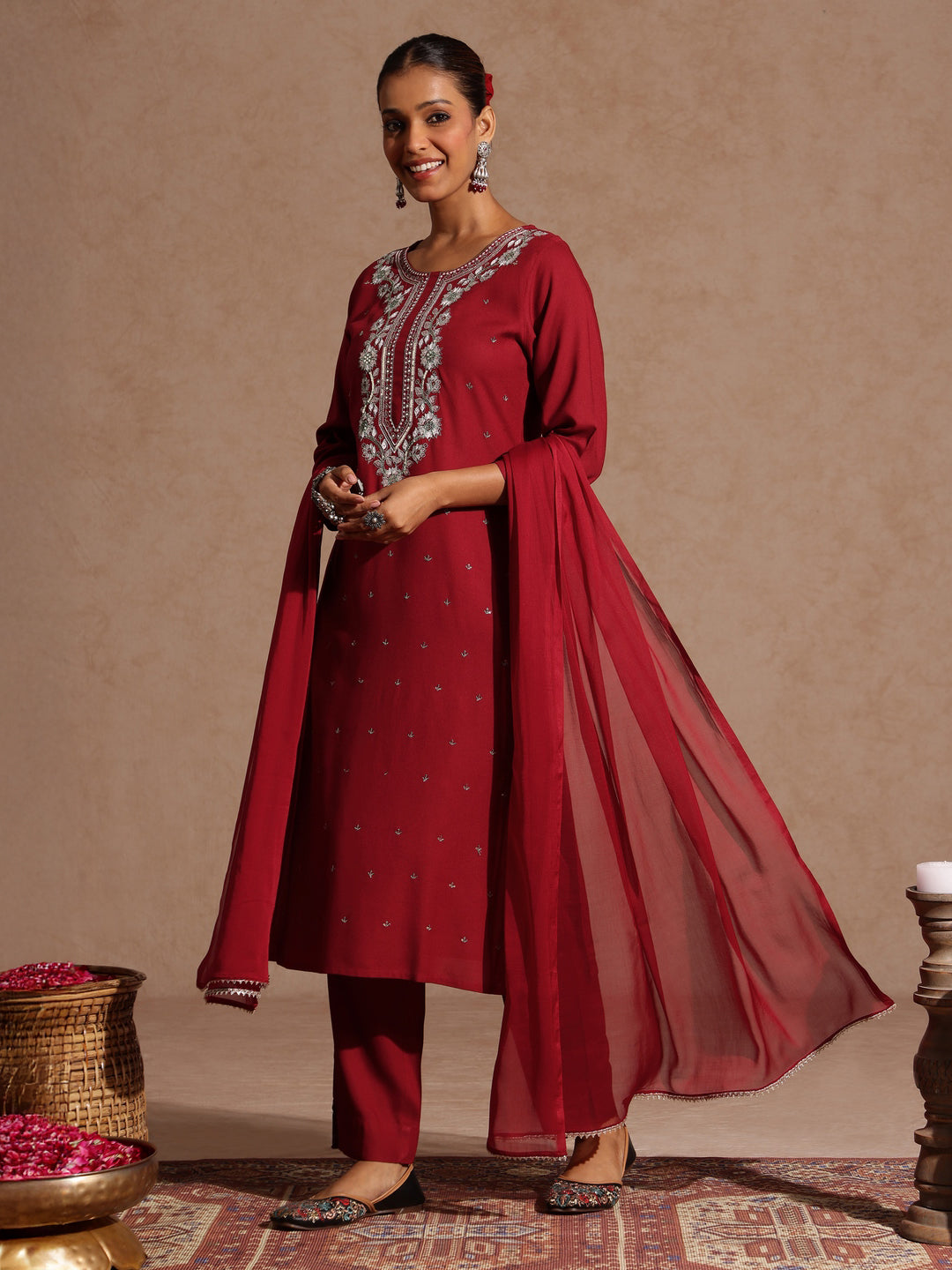Ninnique Women's Maroon Rayon Yoke Embroidered Sequinned Straight Kurta Set With Dupatta
