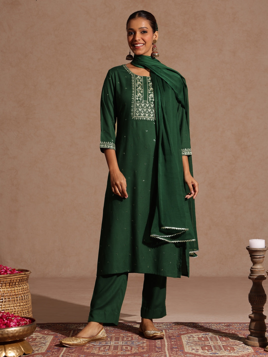 Ninnique Women's Green Rayon Yoke Embroidered Sequinned Straight Kurta Set With Dupatta