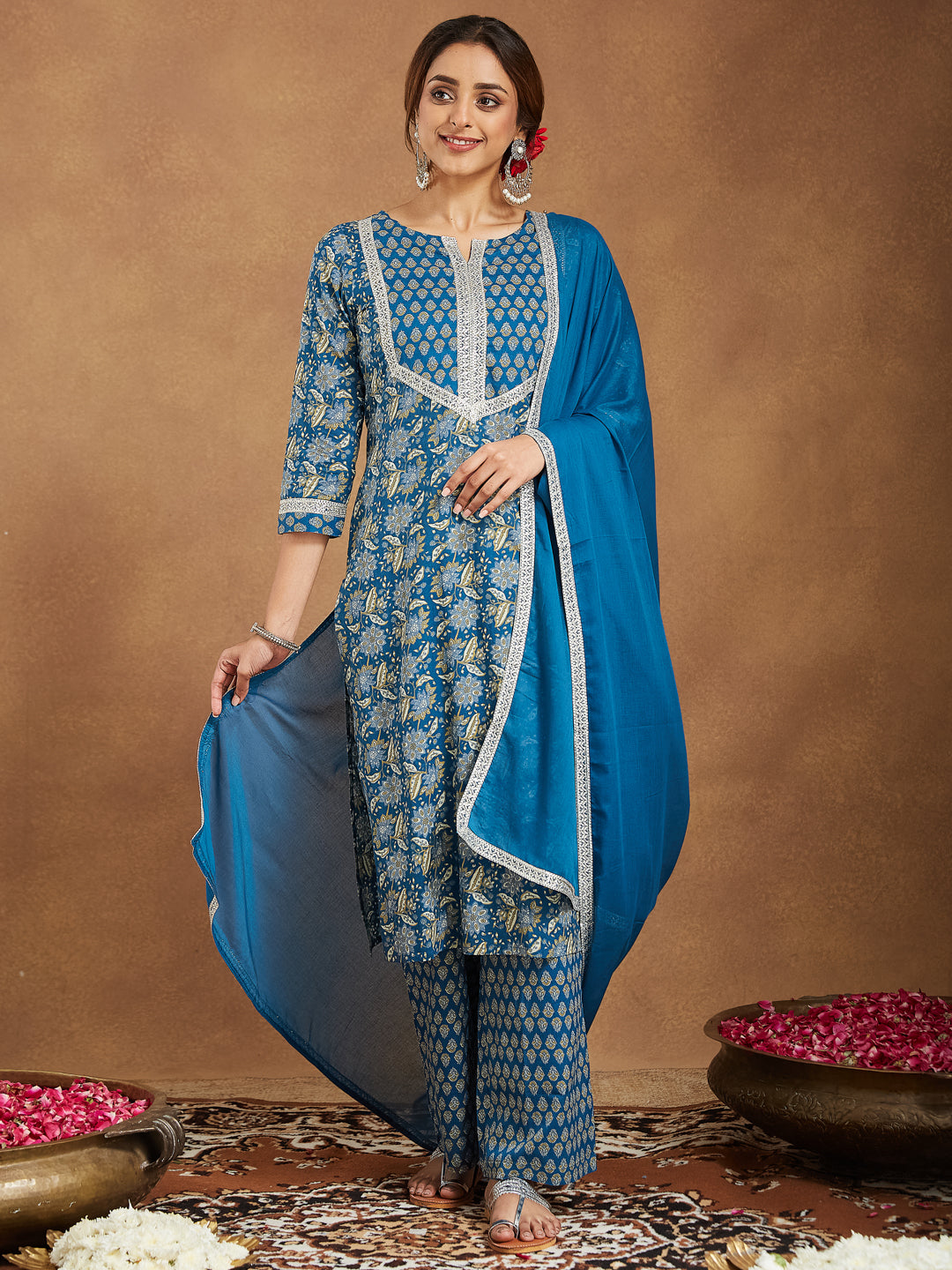 Ninnique Women's Teal Blue Pure Cotton Yoke Design Floral Printed Straight Kurta Set