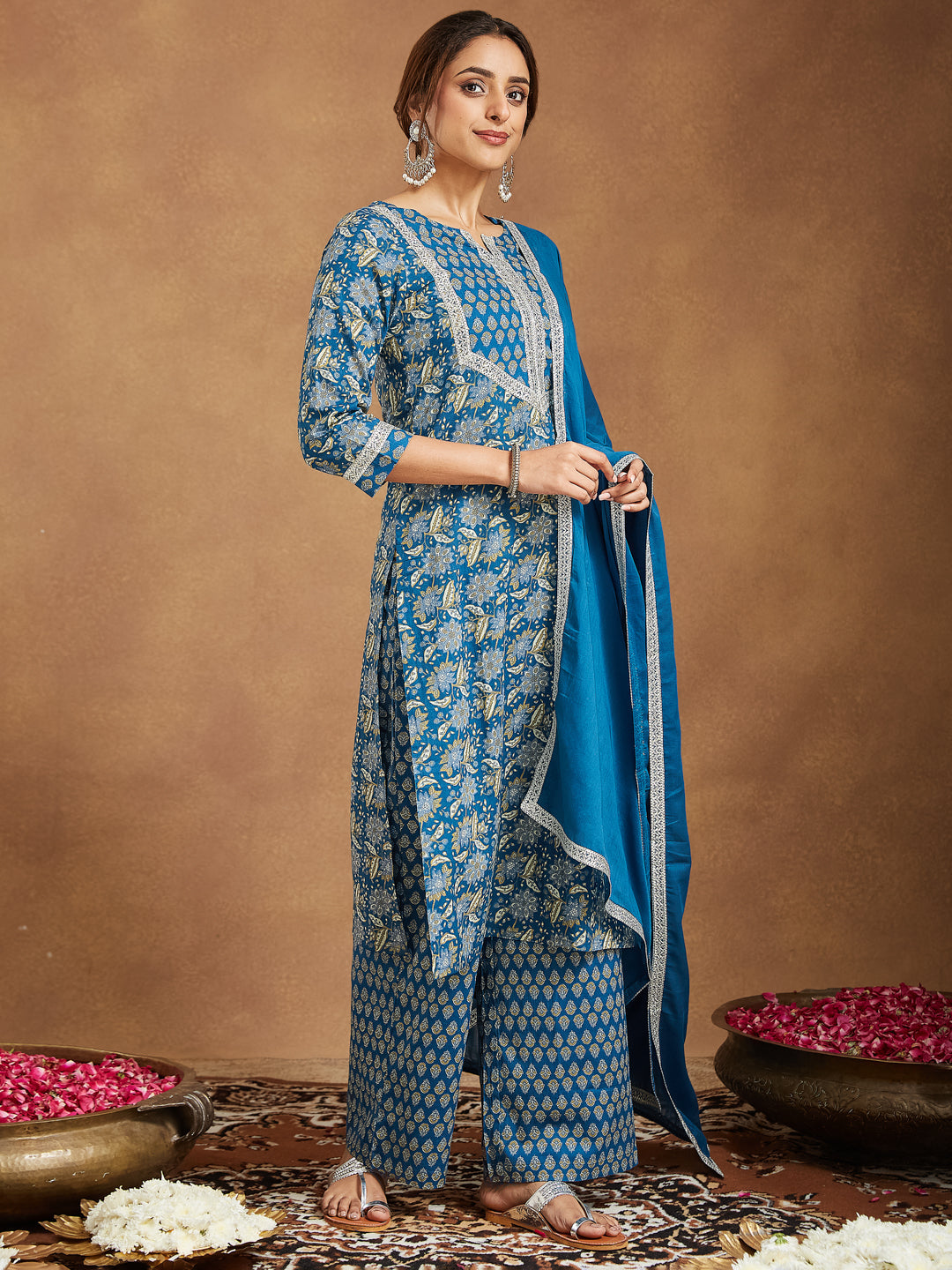 Ninnique Women's Teal Blue Pure Cotton Yoke Design Floral Printed Straight Kurta Set