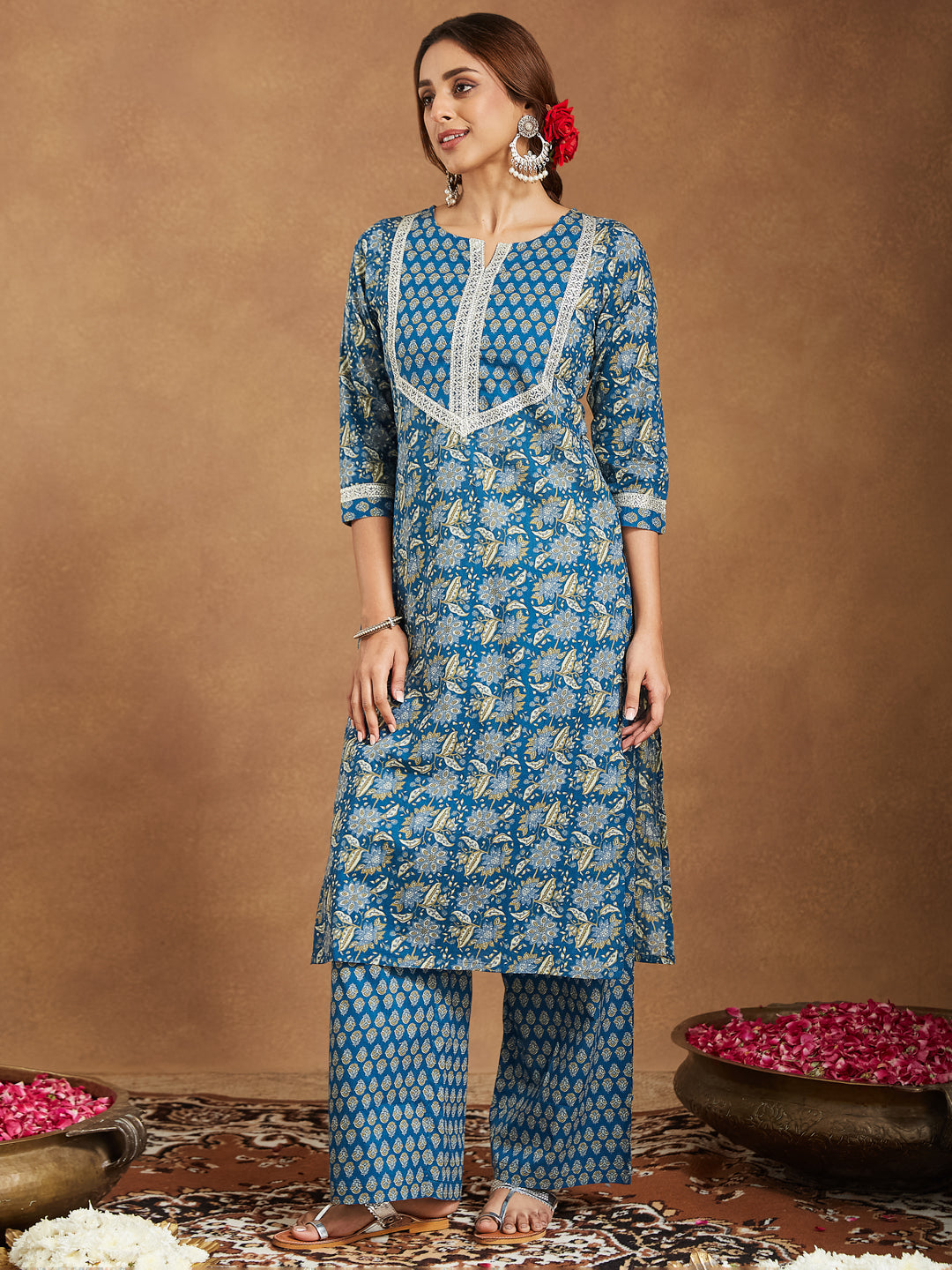 Ninnique Women's Teal Blue Pure Cotton Yoke Design Floral Printed Straight Kurta Set