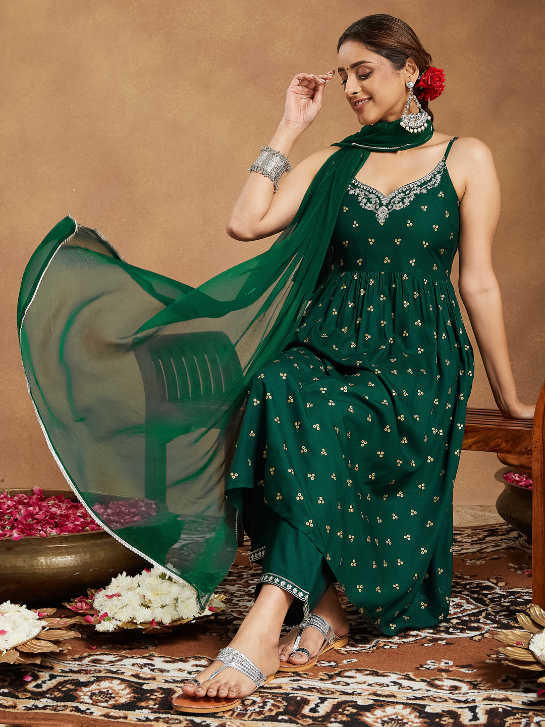 Ninnique Women's Dark Green Rayon Yoke Embroidered Gold Printed A-line Kurta Set