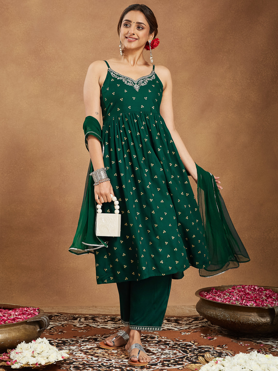 Ninnique Women's Dark Green Rayon Yoke Embroidered Gold Printed A-line Kurta Set