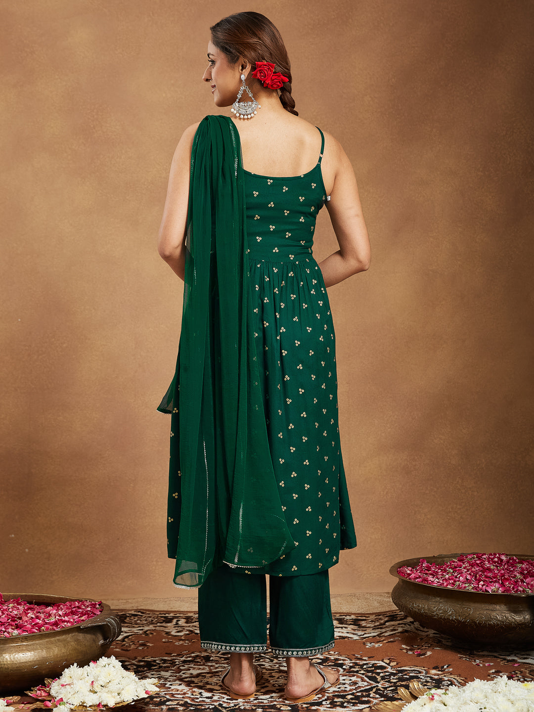 Ninnique Women's Dark Green Rayon Yoke Embroidered Gold Printed A-line Kurta Set